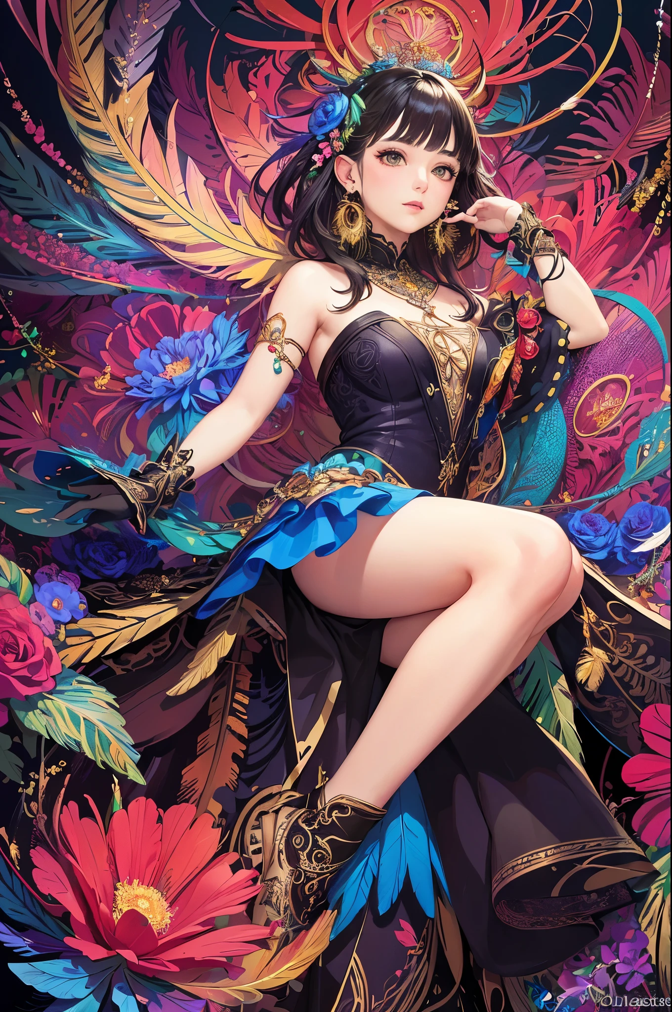 (masterpiece, highest quality, highest quality, official art, beautiful and aesthetic:1.2), (1 girl:1.3), very detailed,(fractal art:1.1),(colorful:1.1)(flowers:1.3),most detailed,(tangled:1.2), (dynamic pose), (abstract background:1.3), (shiny skin), (lots of colors:1.4), ,(earrings:1.4), (feather:1.4)