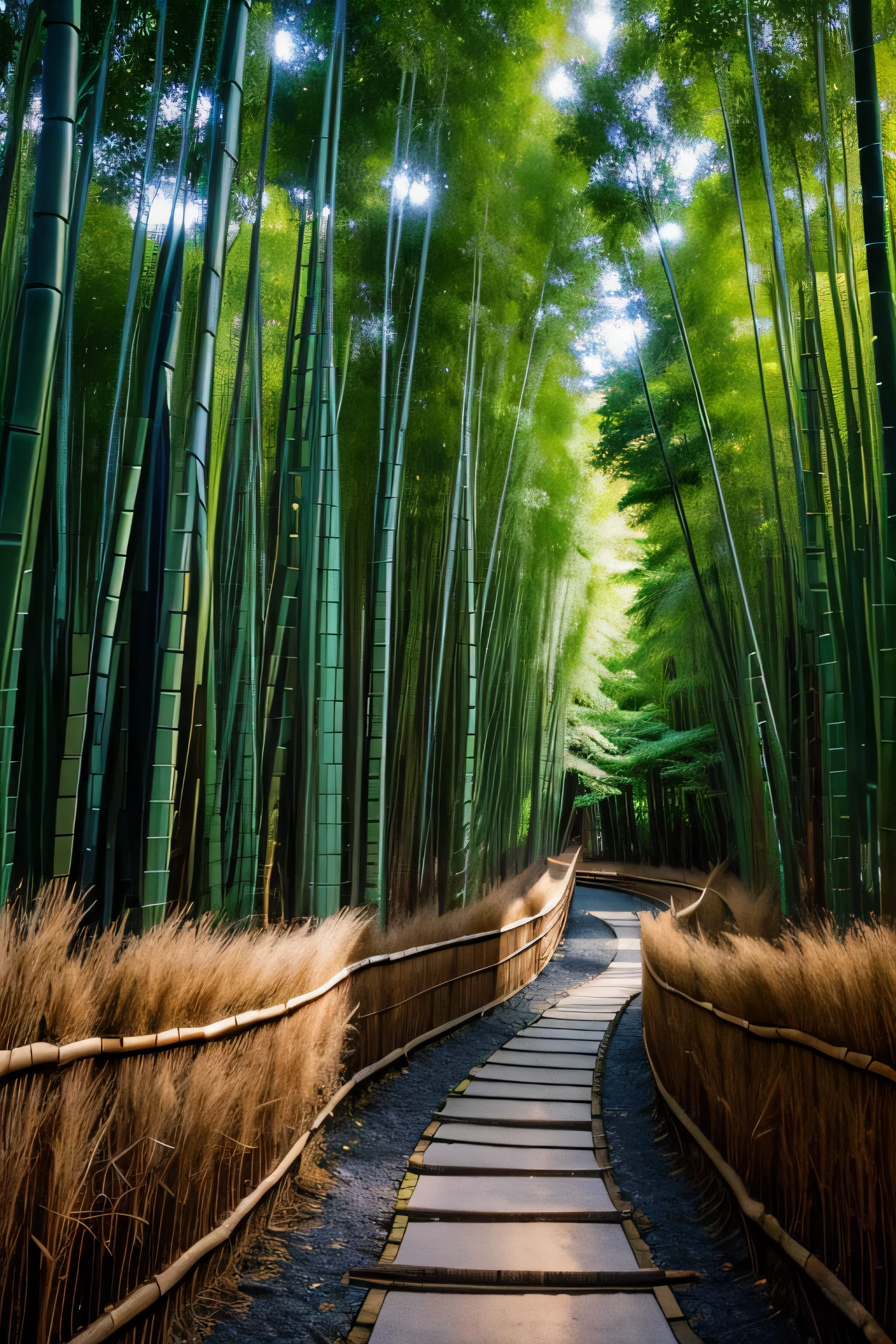 Bamboo forest path at night, dark starry sky, night color, Hmm, retina, masterpiece, Accurate, Super detailed, advanced details, high quality, Awards, 最high quality, High resolution, 16k, 8k,Bamboo forest in Kyoto，