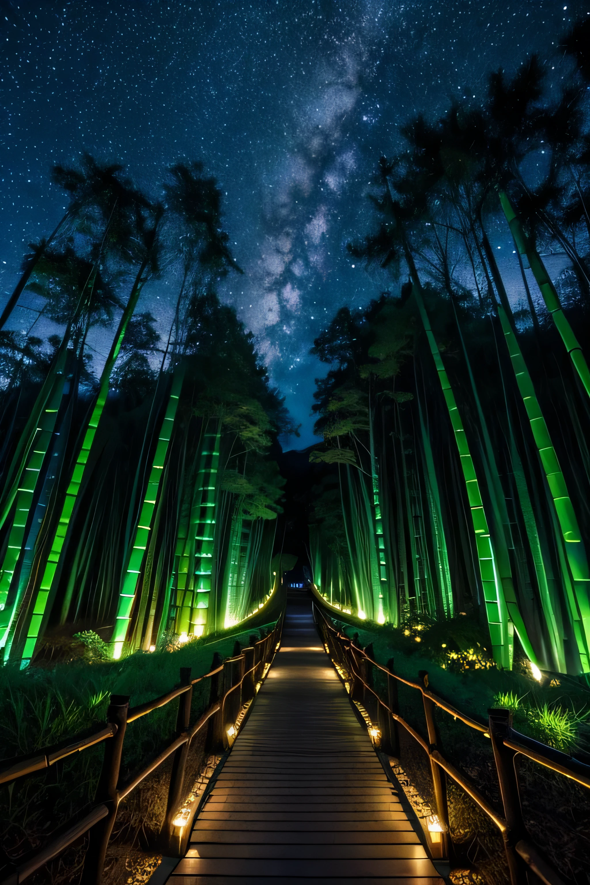 Bamboo forest path at night, dark starry sky, night color, Hmm, retina, masterpiece, Accurate, Super detailed, advanced details, high quality, Awards, 最high quality, High resolution, 16k, 8k,Bamboo forest in Kyoto，