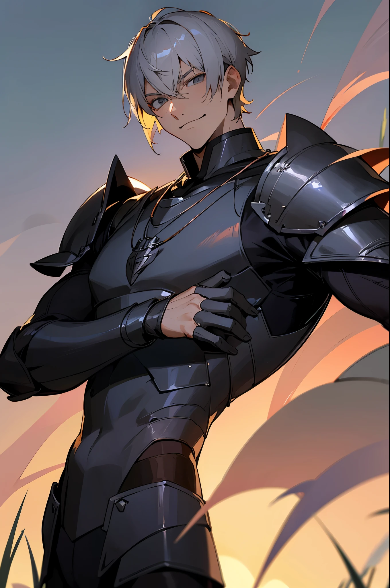 1male , grey Eyes , short hair , Young male , Biege color hair, grassy background, evil smirk ,silver necklace, sunset, black outfit, armor piece,