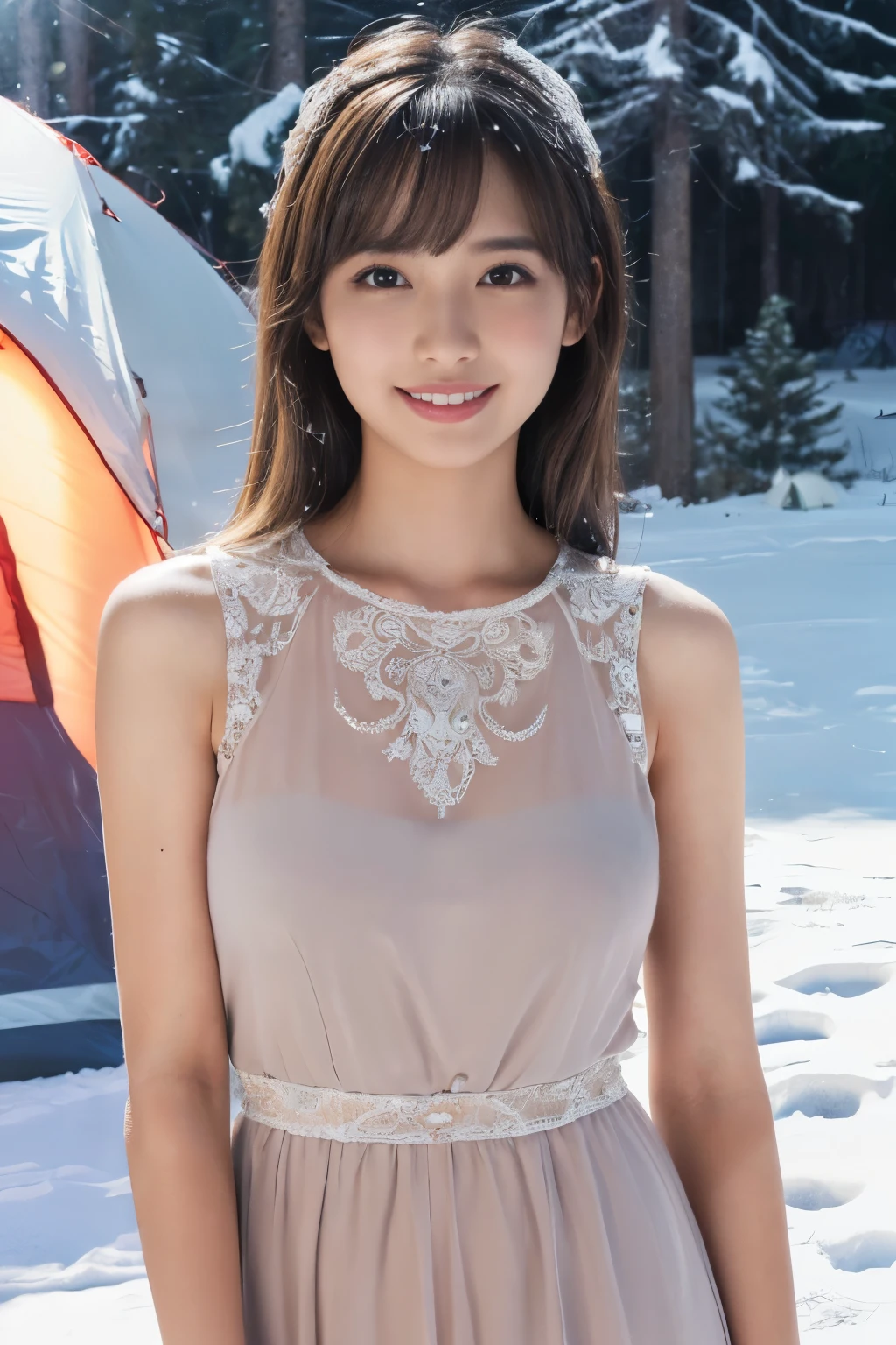 ((table top:1.4, highest quality)), (realistic pictures:1.4),
((1 girl)), (pure actress),
(超High resolution:1.2), very delicate and beautiful, wonderful, Highly detailed CG Unity 8k wallpaper, Super detailed, High resolution,
soft light, beautiful detailed girl, highly detailed eyes and face, beautifully detailed nose, beautiful and detailed eyes,
(wear a neat dress:1.3),
cinematic lighting, perfect anatomy, slender body, , (parted bangs),
(camping in the snow:1.3), (Snow field as far as the eye can see), (Stand in front of the tent:1.3), (bonfire),
cowboy shot, looking at the viewer, smile