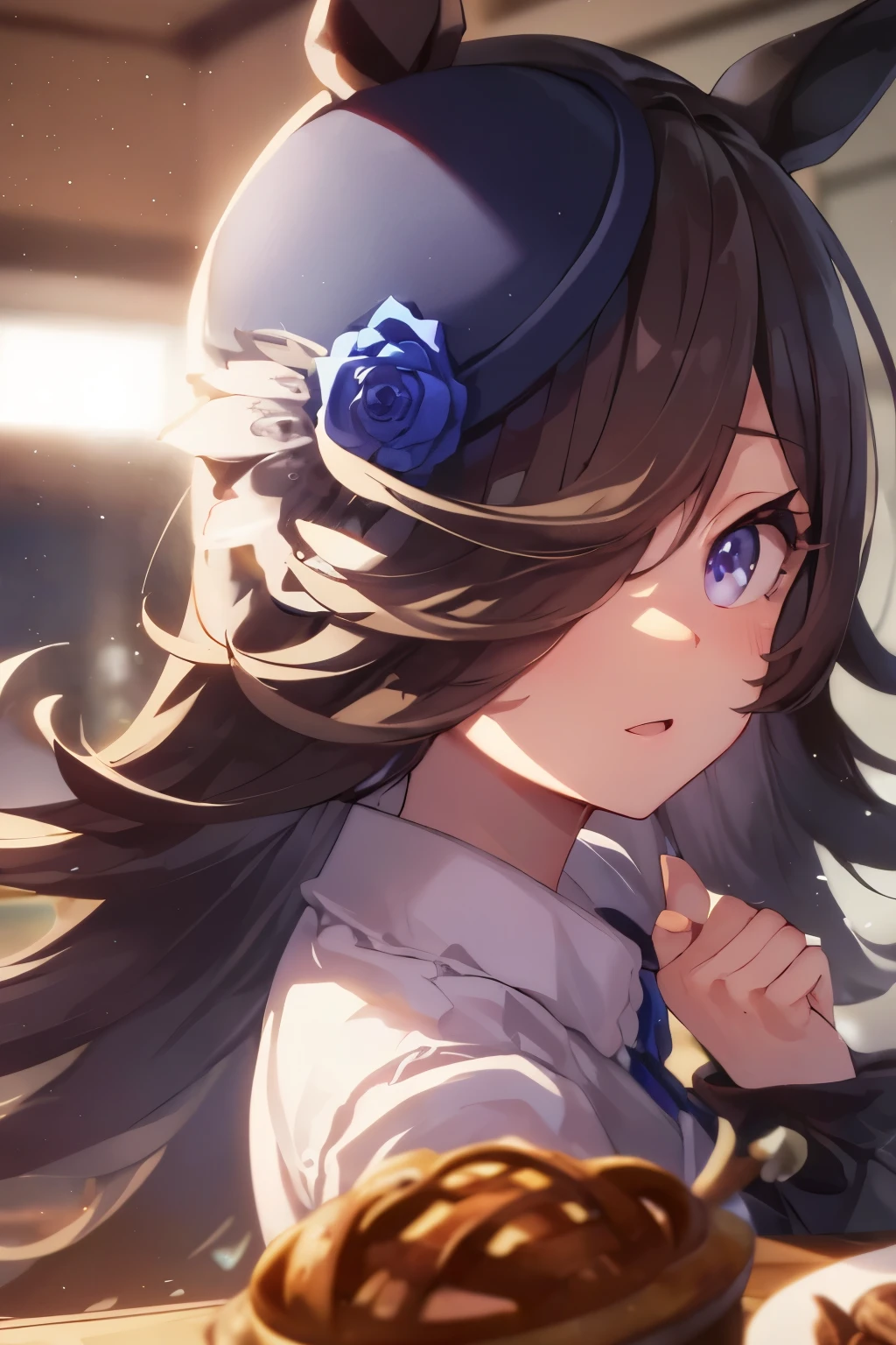 (table top.highest quality).(dynamic angle). (CG painting with very impressive details),(perfect image)、comic strip.figure.1 girl.detailed face、perfect face.delicate face、girl in delicate clothes、rough skin、black hair.length、(Umamimi girl)Umamimi girl、((beautiful blue eyes)).delicate and beautiful eyes、detailed eyes、reflected eyes、smile.(look at the viewer:1.3).(face is a little red:0.8)、8k wallpaper、cowboy shot、reflected light、most detailed、Complex、delicate background、rough skin、fine skin、(super resolution)、