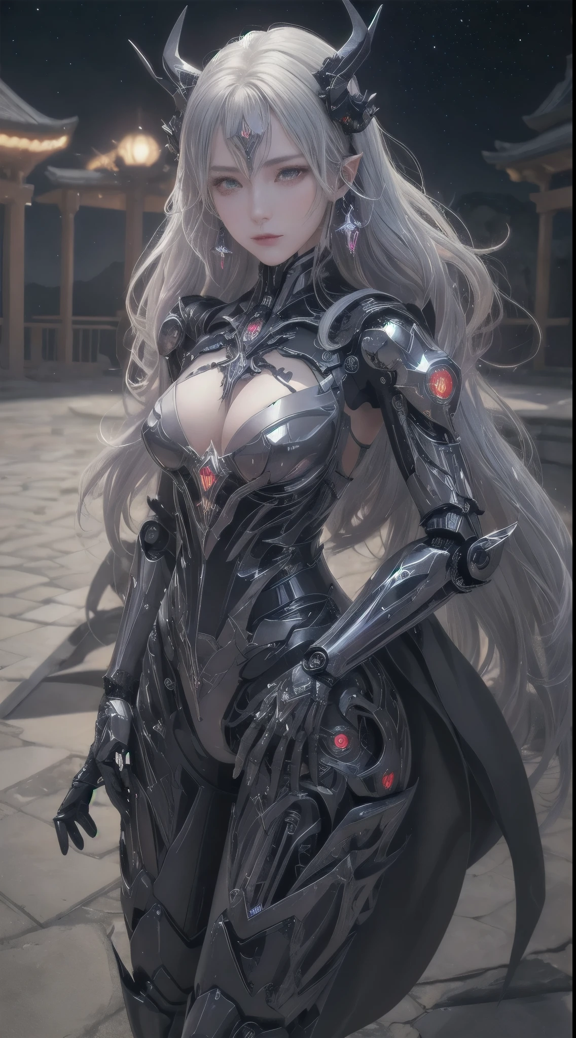 cowboy shot, caustics,reflection,ray tracing,devil theme,nebula,dark aura,cyber effect, (1 girl:1.4),alone,alone,mecha musume,mechanical parts, robot joints,single mechanical arm, headgear, mechanical harrow,hello star,intricate mechanical bodysuit, mech corset, kimono, full armor, very long hair,gray hair, hair between eyes, colorful hair, inner hair coloring, red eyes,glowing eyes,Eye marks, random expression,random action, ancient japanese architecture,pool, starry sky,skyline,