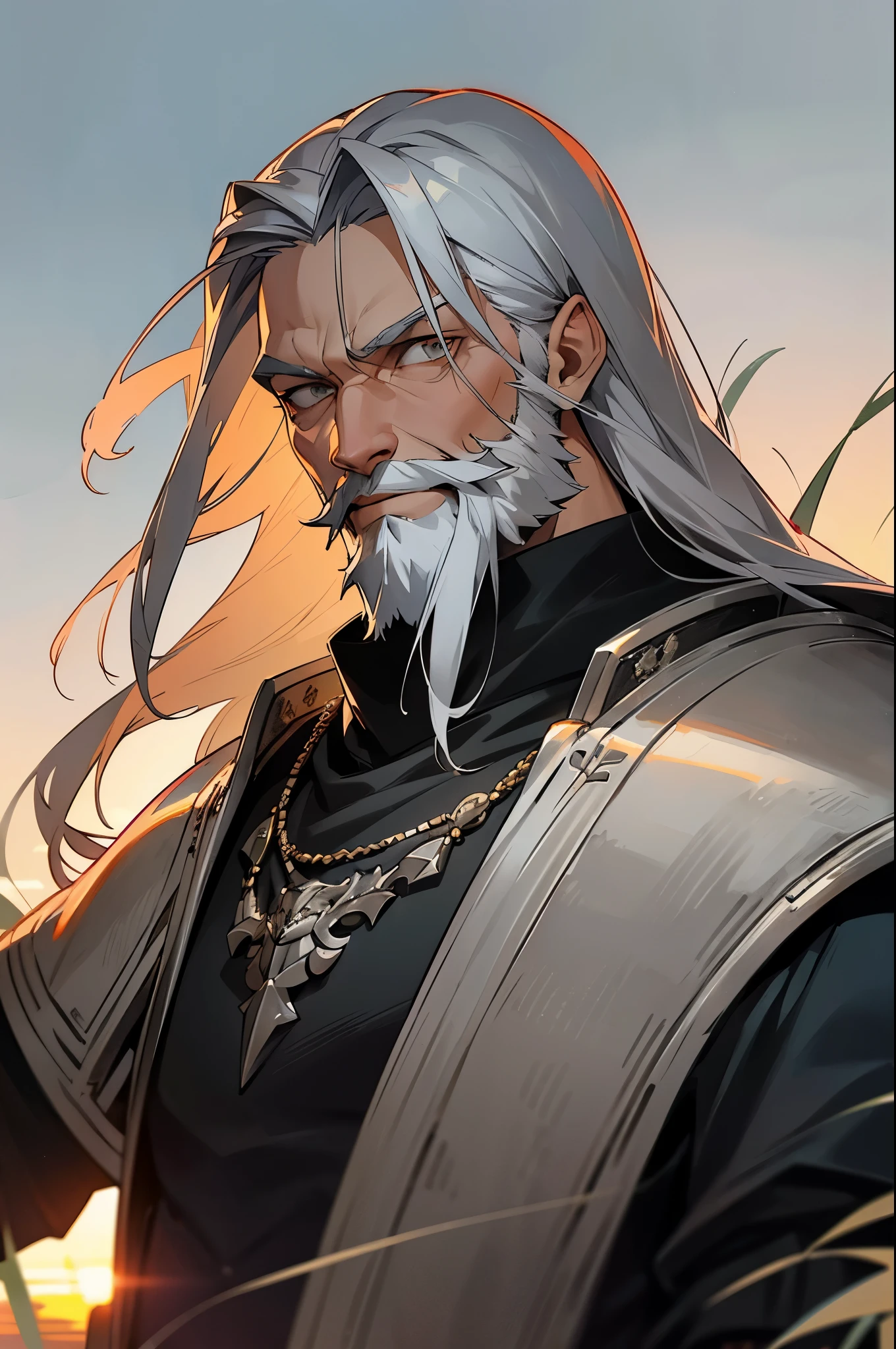 1male , white Eyes , long hair , old male , grey color hair, grassy background, evil smirk ,silver necklace, sunset, black outfit, armor piece, bearded