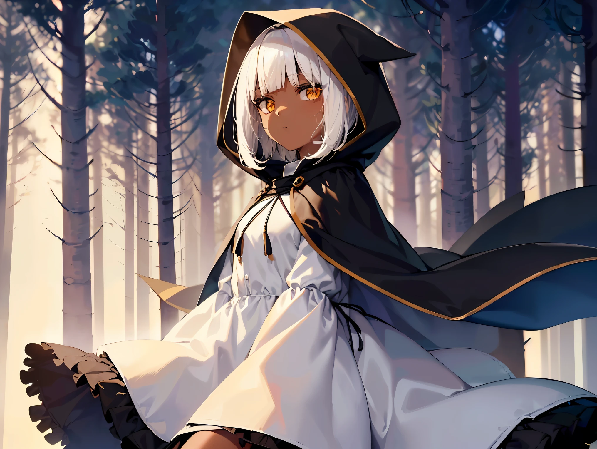 Cimematic vision, nigth, ((1girl)), (ta), ((((Dark skin)))), ((((short white hair)))), (((blunt bangs))), yellow eyes, ((cabelo emaranhado)), ((((no expression)))), Sonolenta, ((ahoge)), ((((cloak with hood covering the entire body)))), desleixada, ((melhor qualidade)), ((obra de arte)), (detalhado), rosto perfeito, ((style novel)), ((in forest)), cores beautiful, ((((style anime Shikimori-san))))