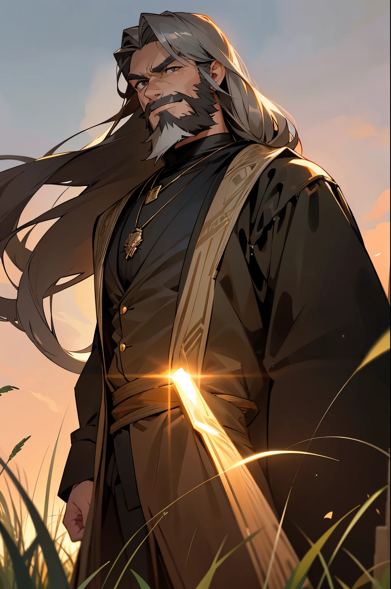 1male , hazel Eyes , long hair , old male , brown color hair, grassy background, evil smirk ,silver necklace, sunset, black outfit, bearded