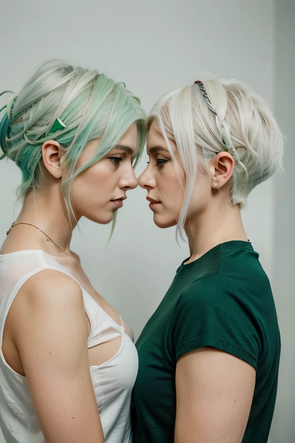 make me a picture of two white women facing eachother one with green hair and one with white hair
