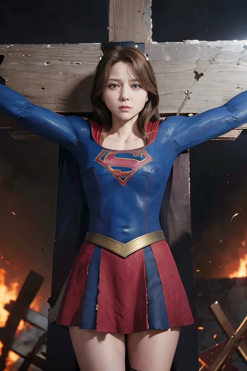 highest quality,masterpiece,UHD, Super detailed, 8K,(Beautiful woman),(一人のBeautiful woman),((crucifixion:1.5)),((cross)),(execution),((incontinence)),scared,torture,slave,((crossにcrucifixionにされた女性:1.5)),crucifixion刑,((supergirl)),blue suit,Superman logo on chest,red skirt,((torn costume:1.4)),Tearing of clothes,(tattered clothes),((bruises on body)),scars on body,Defeated heroine,a devastated world,ruins,abandoned building,(burning at the stake),((roasted over fire:1.2))