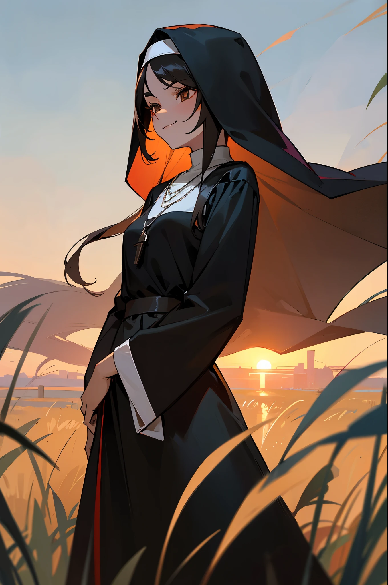 1female , brown Eyes , long hair , young female , black color hair, grassy background, evil smirk ,silver necklace, sunset, nun outfit,