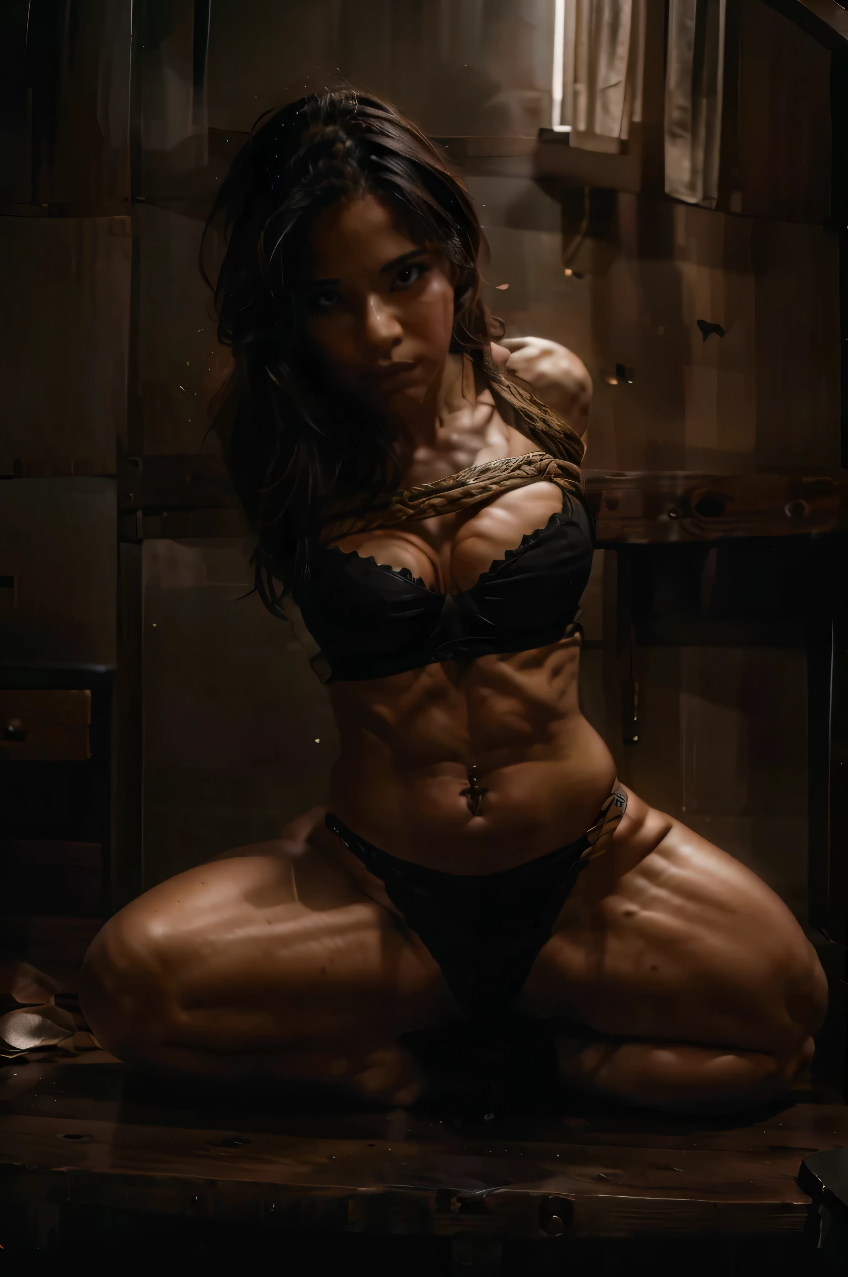 hogtied, highres,best quality,ultra-detailed,physically-based rendering,portrait,dark tones,moody lighting,gothic atmosphere,beautiful,detail-rich,subdued colors,((hogtied)one 18yo  woman in barn),(black lingerie),anatomically perfect woman, prone, on stomach,(lonely) setting,ominous shadows,vintage feel,fine art,emotionally charged,contrasting light and dark,hazy edges,detailed facial expression,suspenseful,texture-rich,wistful gaze,aged wood,heart-wrenching,desolate backdrop,faint rays of sunlight,constrained movement,hidden emotions,ethereal beauty,surreal elements,whimsical theatricality,intense storytelling,mysterious narrative,unforgettable composition.STOP. Safe_for_Work:2