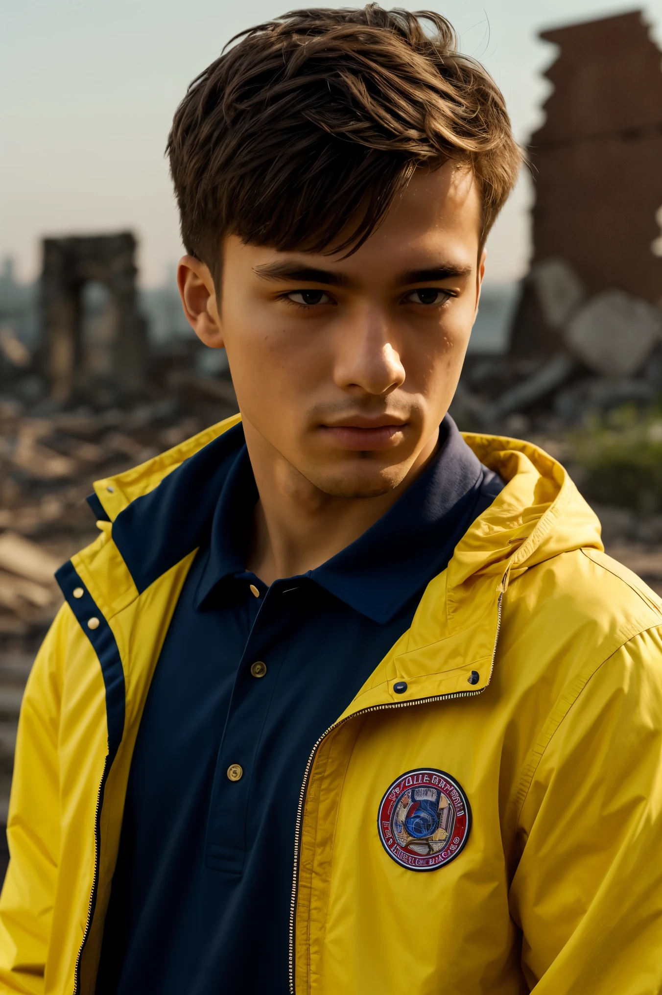 original photo, Close-up portrait photo of 20 years old.Oh 1boy, alone, actual,shirt,jacket, cyberpunk, spiky hair,brown hair, yellow jacket, The background is the ruins of the city, (High detail skin:1.2), 8k ultra high definition, SLR camera, soft light, high quality, film grain, Fuji XT3, highly detailed back ground