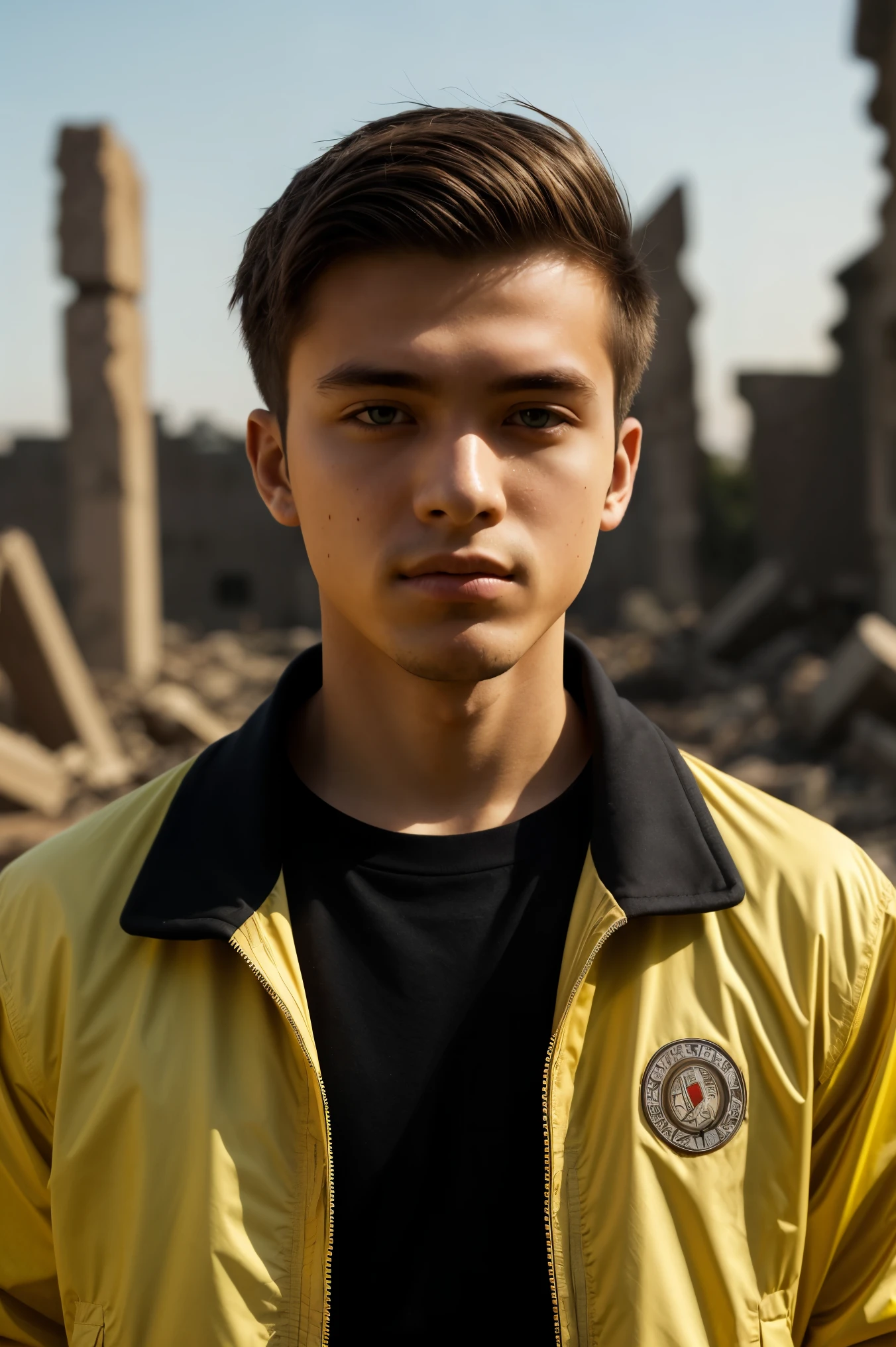 original photo, Close-up portrait photo of 20 years old.Oh 1boy, alone, actual,shirt,jacket, cyberpunk, spiky hair,brown hair, yellow jacket, The background is the ruins of the city, (High detail skin:1.2), 8k ultra high definition, SLR camera, soft light, high quality, film grain, Fuji XT3, highly detailed back ground
