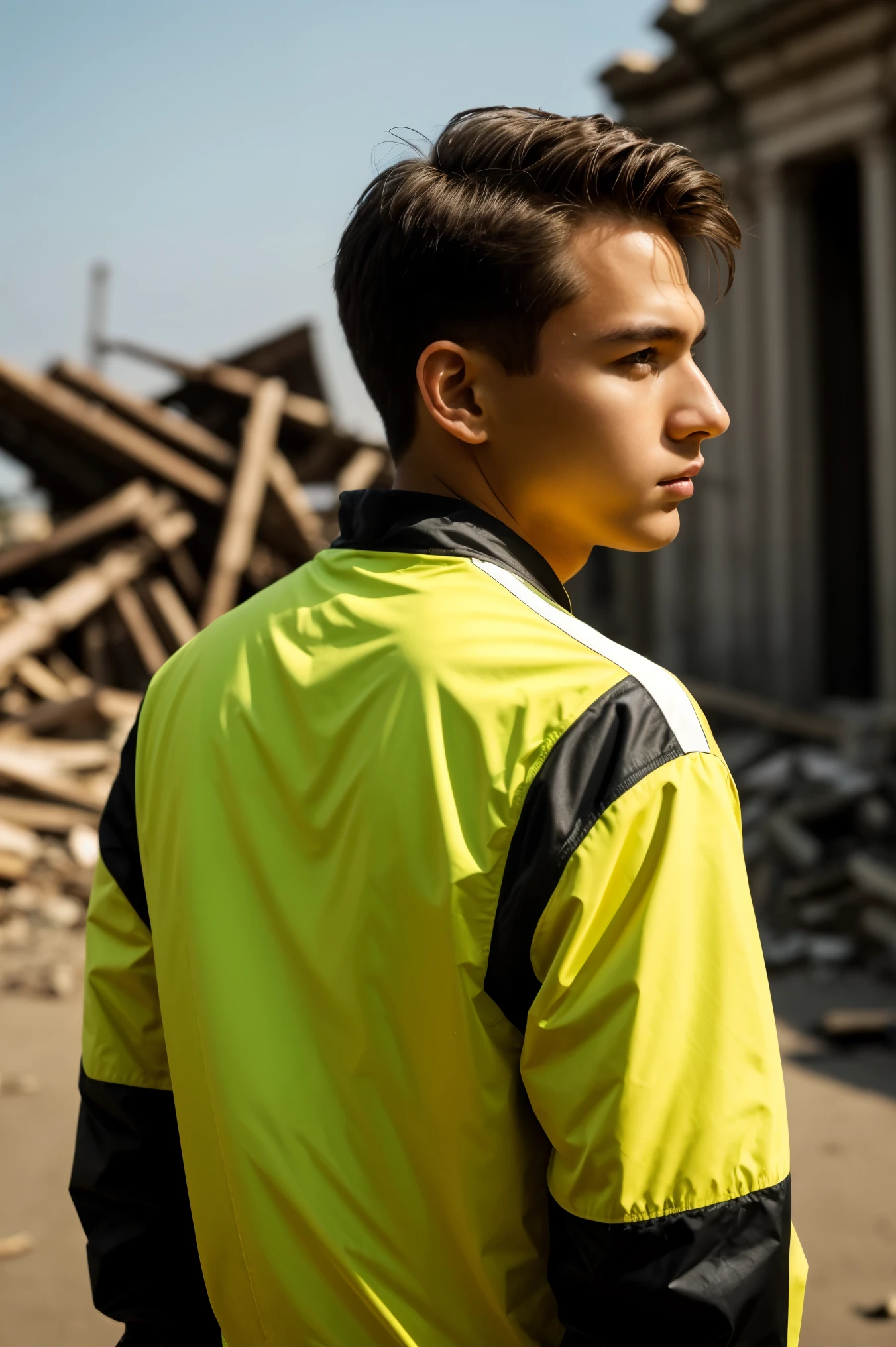 original photo, Close-up portrait photo of 20 years old.Oh 1boy, alone, actual,shirt,jacket, cyberpunk, spiky hair,brown hair, yellow jacket, The background is the ruins of the city, (High detail skin:1.2), 8k ultra high definition, SLR camera, soft light, high quality, film grain, Fuji XT3, highly detailed back ground