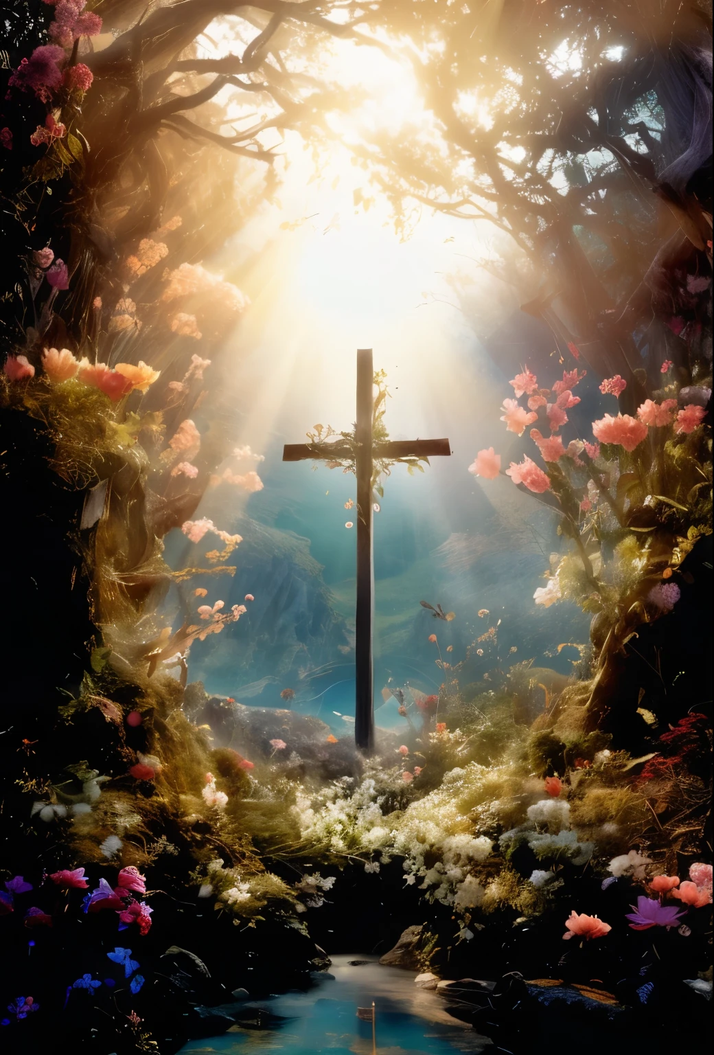 森林中间有一个cross,full of flowers, Brilliant light masterpiece, Cruz, religious, directed by: Eugenius Zack, cross combination, cross, directed by: Alexander Gilimsky, holy诞老人, directed by: Arthur Penn, kingdom of light background, holy, holy光, beautiful scenery, Light of Heaven, dramatic light scenes, directed by: Julian Farratt