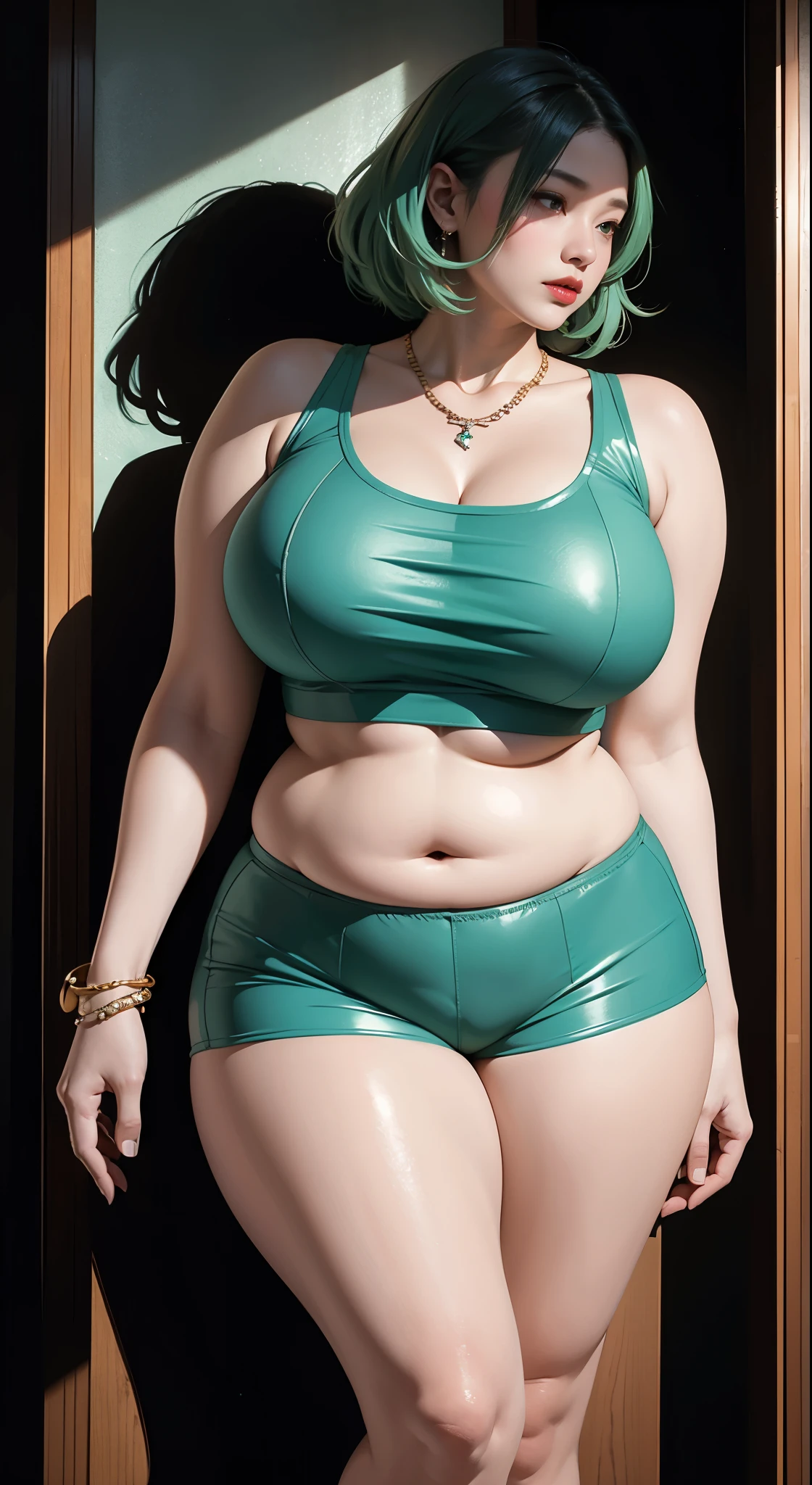 photorealistic, high resolution, soft light,1women, solo, wide hips, (detailed face),tattoo, jewelry, , , blue and green hair Color , (closeup), wide angle,, (busty), armpit , Slightly fat belly, large breasts, full body angle, 80 years old woman , thick thighs , thick arms , standing in dark rooms, short pants, wearing a three bracelet, wearing two diamond necklace , wearing a watch, wearing airmax shoes , japanese goddess, wavyshort hairstyle, fat belly, thick fat belly, thick wide hips, thick arm, bbwchan, massive arm, full body,