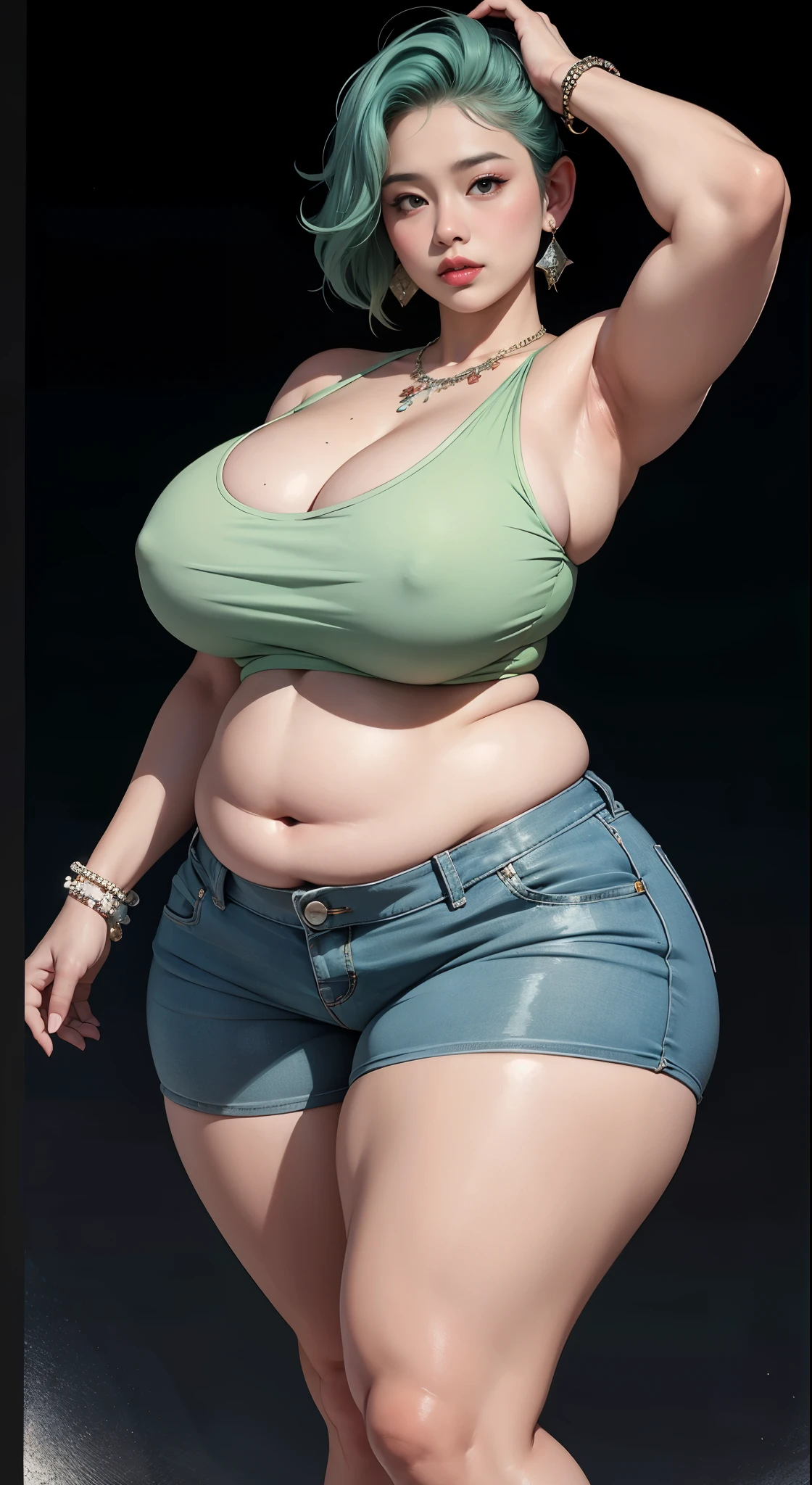 photorealistic, high resolution, soft light,1women, solo, wide hips, (detailed face),tattoo, jewelry, , , blue and green hair Color , (closeup), wide angle,, (busty), armpit , Slightly fat belly, large breasts, full body angle, 80 years old woman , thick thighs , thick arms , standing in dark rooms, short pants, wearing a three bracelet, wearing two diamond necklace , wearing a watch, wearing airmax shoes , japanese goddess, wavyshort hairstyle, fat belly, thick fat belly, thick wide hips, thick arm, bbwchan, massive arm, full body,