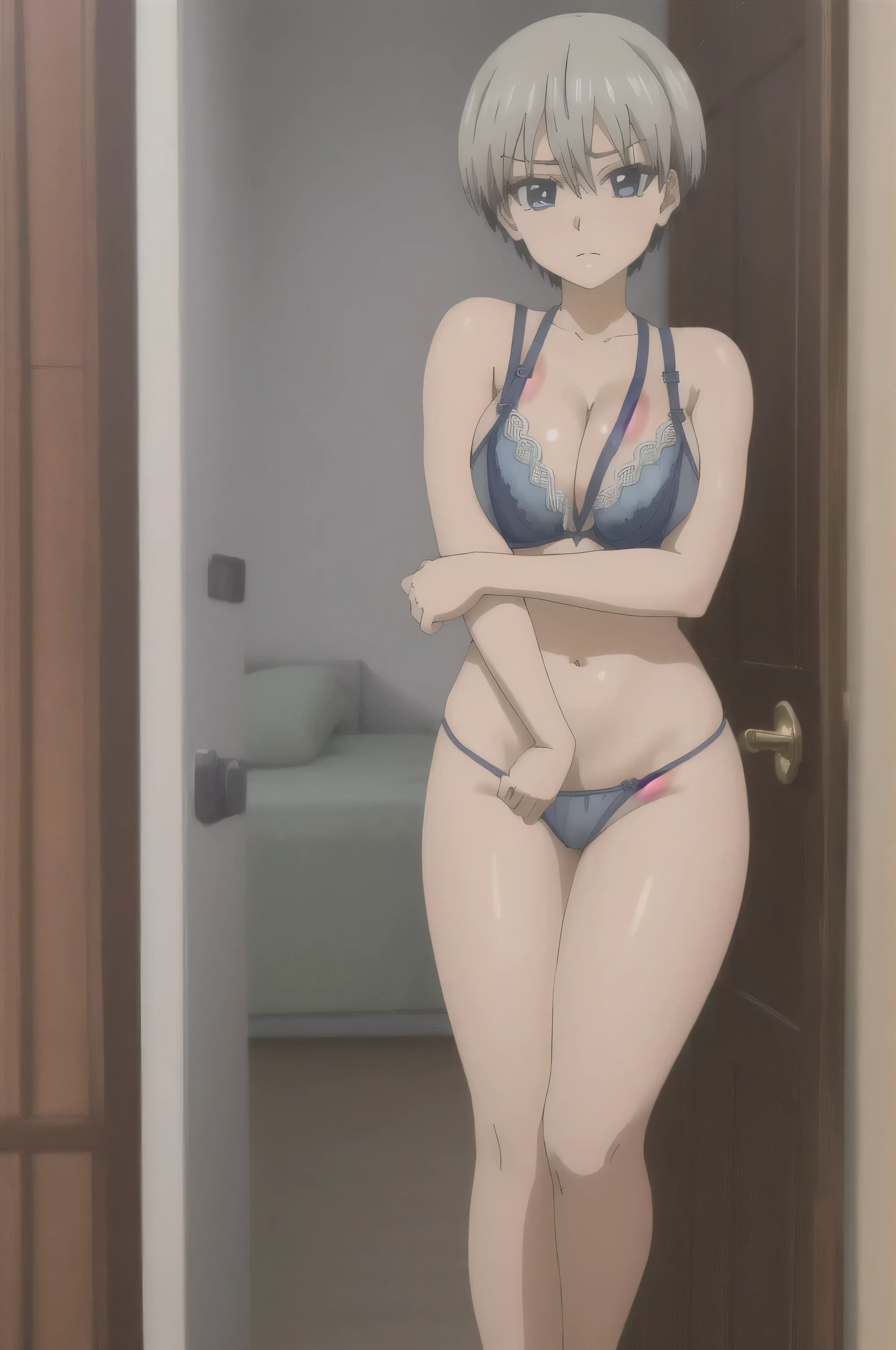 1 girl,low length,short hair,blue eyes,bangs,gray hair,hair between eyes,big breasts,cleavage,NSFW,(good, transparent:1.2),ピンクのgood, (panties, transparent:1.3), ピンクのpanties, sensual visual, excited look, masterpiece, 8k, High resolution, high quality_Anime image quality, full body shot, open leg pose,