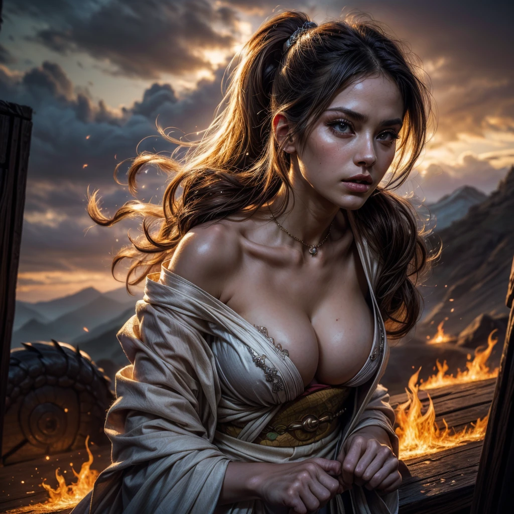 masterpiece, (best quality:1.4), Realistic, extremely detailed CG unified 8k wallpaper, Extremely detailled, High-definition raw color photos, professional photograpy, Realistic portrait, Cinematic Light, Beautiful detailed, 1girl in, (Naked:1.5), Beautiful big breasts, breasts details, Exposed breasts, (cleavage of the breast:1.2), Short ponytail, (Fine face:1.2), Long hair, Close up portrait of a girl in a completely transparent kimono with wide open front, Bare shoulders, (completely transparent kimono with wide open chest:1.4), open chest wide, undress、Beautiful kimono with the image of a dragon, No bra, No panties, cameltoe, (cameltoe details), (with super huge dragon), (super huge and fierce dragon in the background:1.2), Black Dragon, details of the dragon, ((Innumerable sparkling jewels, Myriad shining jewels)), Fantasy Art, Outdoors, highly complex details, Intricately intertwined, fluttering in the sky, overlooking the clouds, rising flames, a desperate situation of crisis, transcendence realism, (subtle nudity:1.1)
