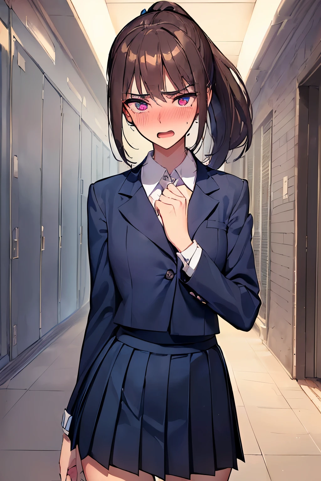 ((best quality)), ((masterpiece)), (detailed), (((perfect face))), ((((slender  girl)))), (((wearing dark blue pleated skirt and suited top))), (((brunette))), ((ponytail)), (((shocked eyes:1.3))) ((blushing:1.5)), (((open mouth))), ((slender thighs)), ((slender hips)), (((girl looking away))), ((((school corridor))))