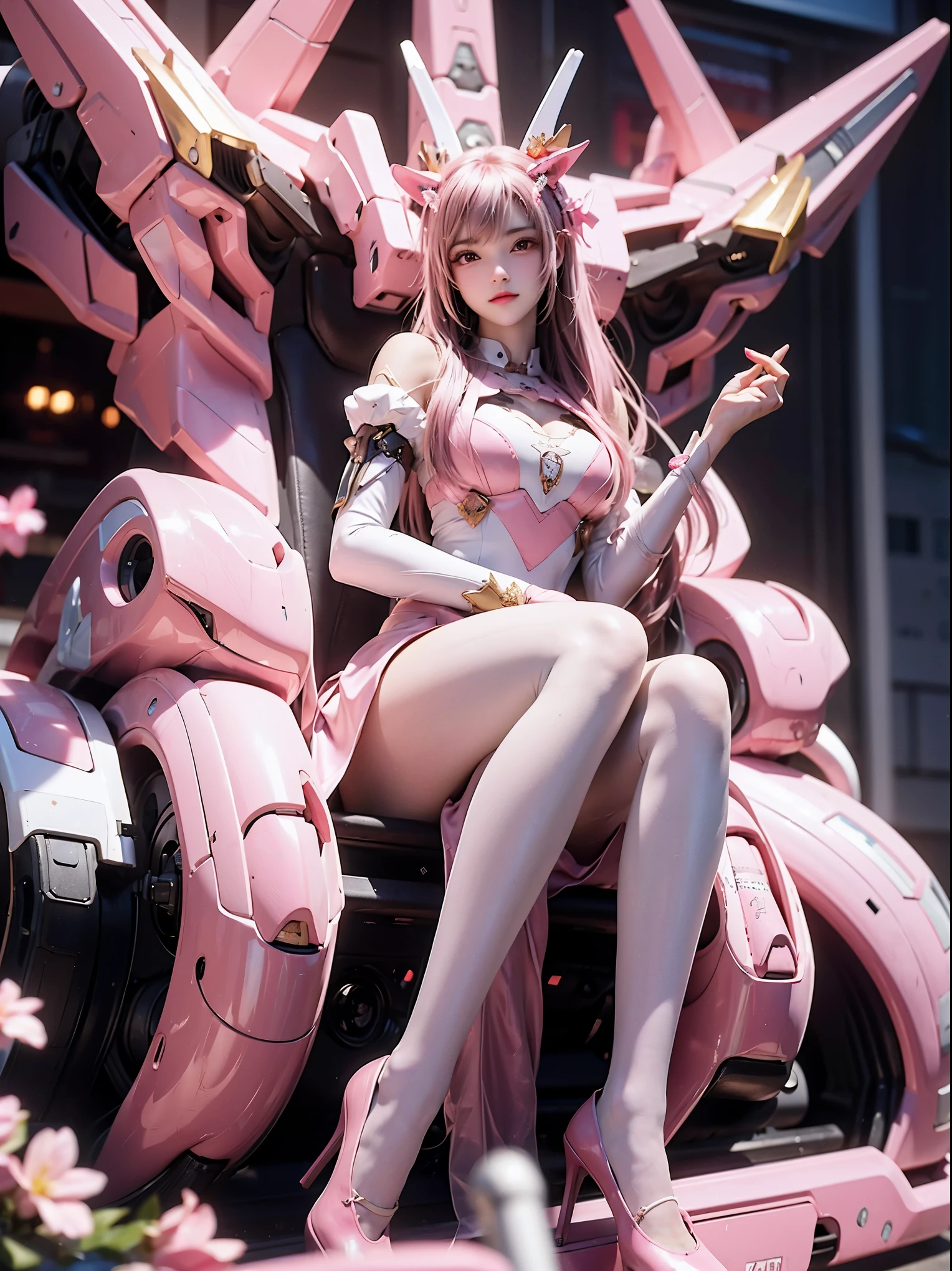 1 girl, full body esbian，sat down，dramatic lighting,Pink Mecha,honey mecha，ホワイトPink Mecha，pink long hair，white long hair，small breasts，clothes fit the body，skin as white as snow， face，The most delicate face，naked thighs，8k wallpaper，master piece，best quality，smile，feet，put your foot on the bear，bear pillow