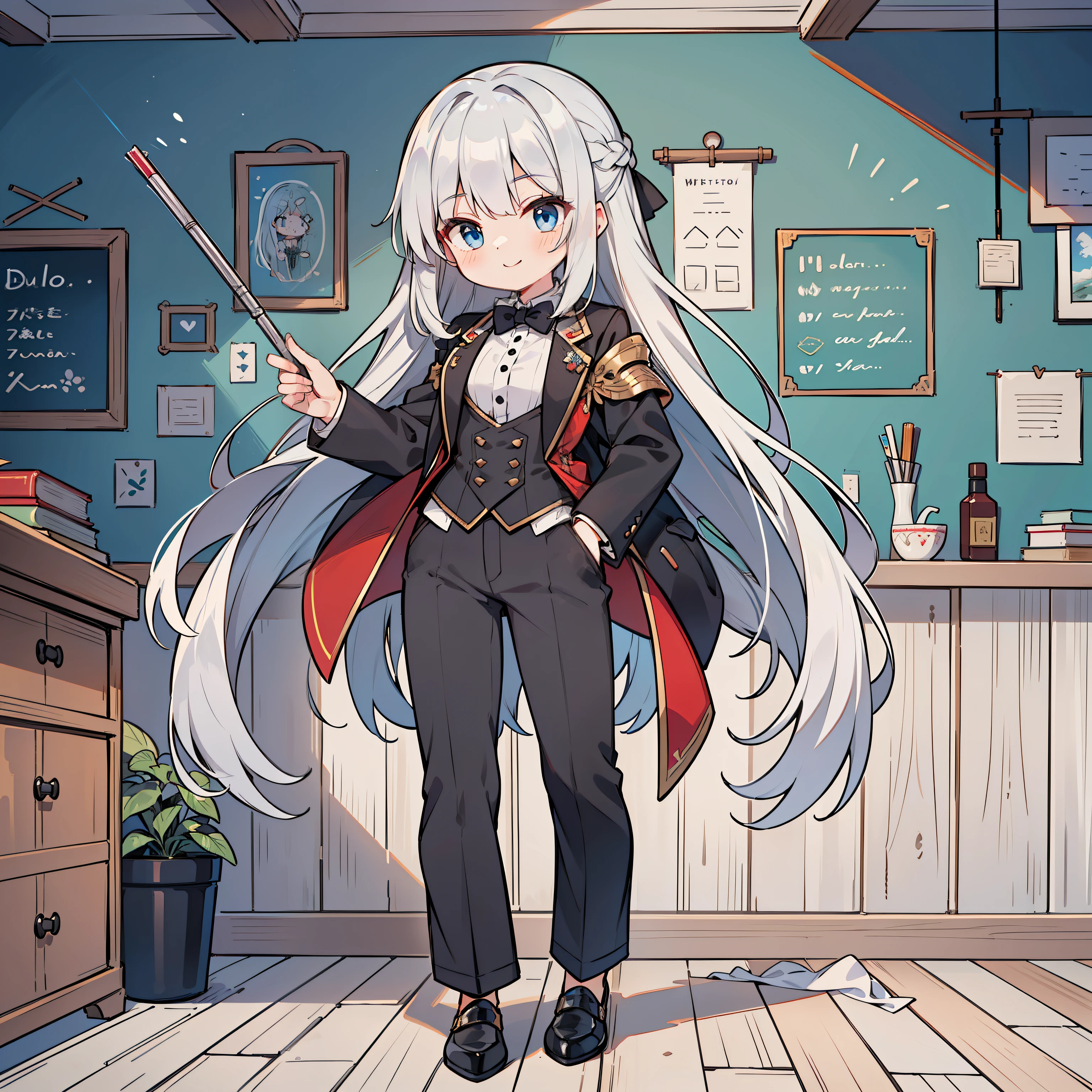 (long silver hair girl),(((holds a long silver metal rod。))),(Pants style with tuxedo),blue eyes,open your mouth, dull smile, Full body Esbian,(((a bit))),(alone),(best image quality, In 8K, masterpiece, Super detailed),