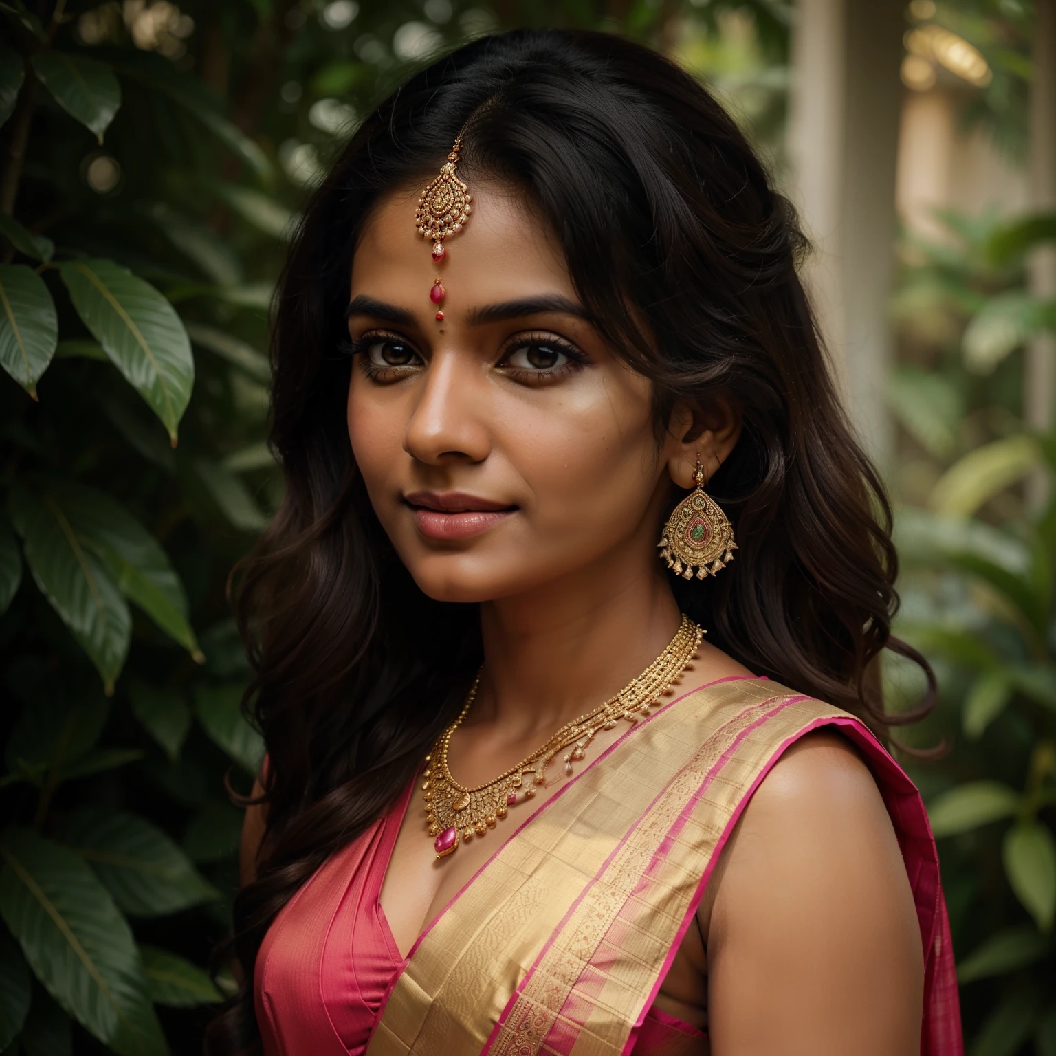 (Best quality, ultra-detailed: 1.1), Photorealistic, vibrant colors, cinematic portrait, Kerala woman, pink saree, (intricate details: 0.9), Cute expression, (blushing: 0.3), (goosebumps: 0.2), Long curly hair, (wild hair: 0.5), Flowing fabric of the saree, Golden ratio, Masterpiece: 1.0, Soft natural lighting, (outdoor: 0.8), Traditional Indian jewelry, Bindis on the forehead, (hand gestures: 0.7), (embracing a small :