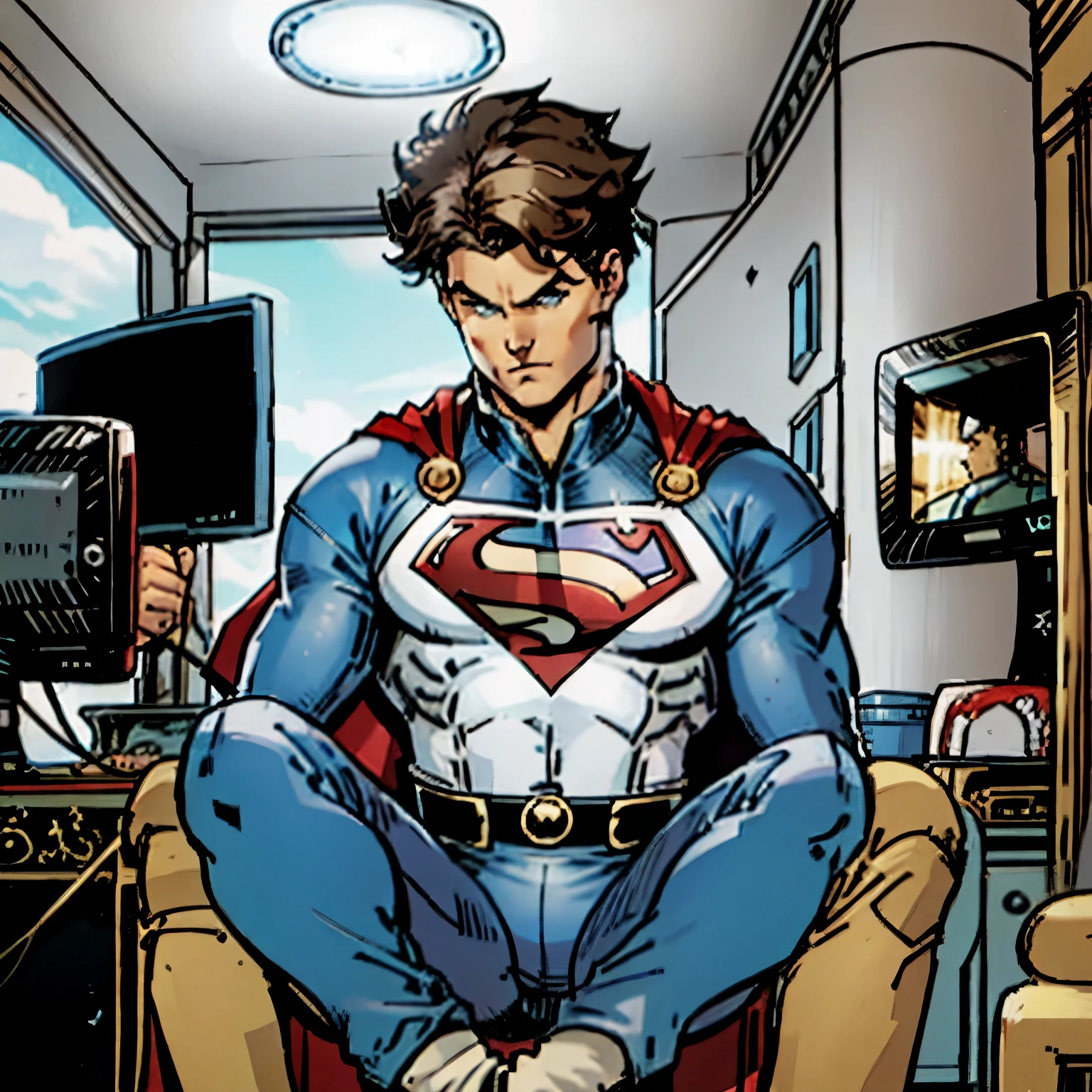 Un super hero assis dans son canapé et qui regarde la télévision