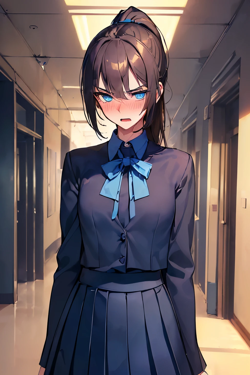 ((best quality)), ((masterpiece)), (detailed), (((perfect face))), ((((slender 16yo teenage girl)))), (((wearing dark blue pleated skirt and suited top))), (((brunette))), (((blue eyes))), ((ponytail)), (((shocked eyes:1.3))) ((blushing:1.5)), (((open mouth))), ((slender thighs)), ((slender hips)), ((((school corridor)))), (((standing))), (((shy arms)))