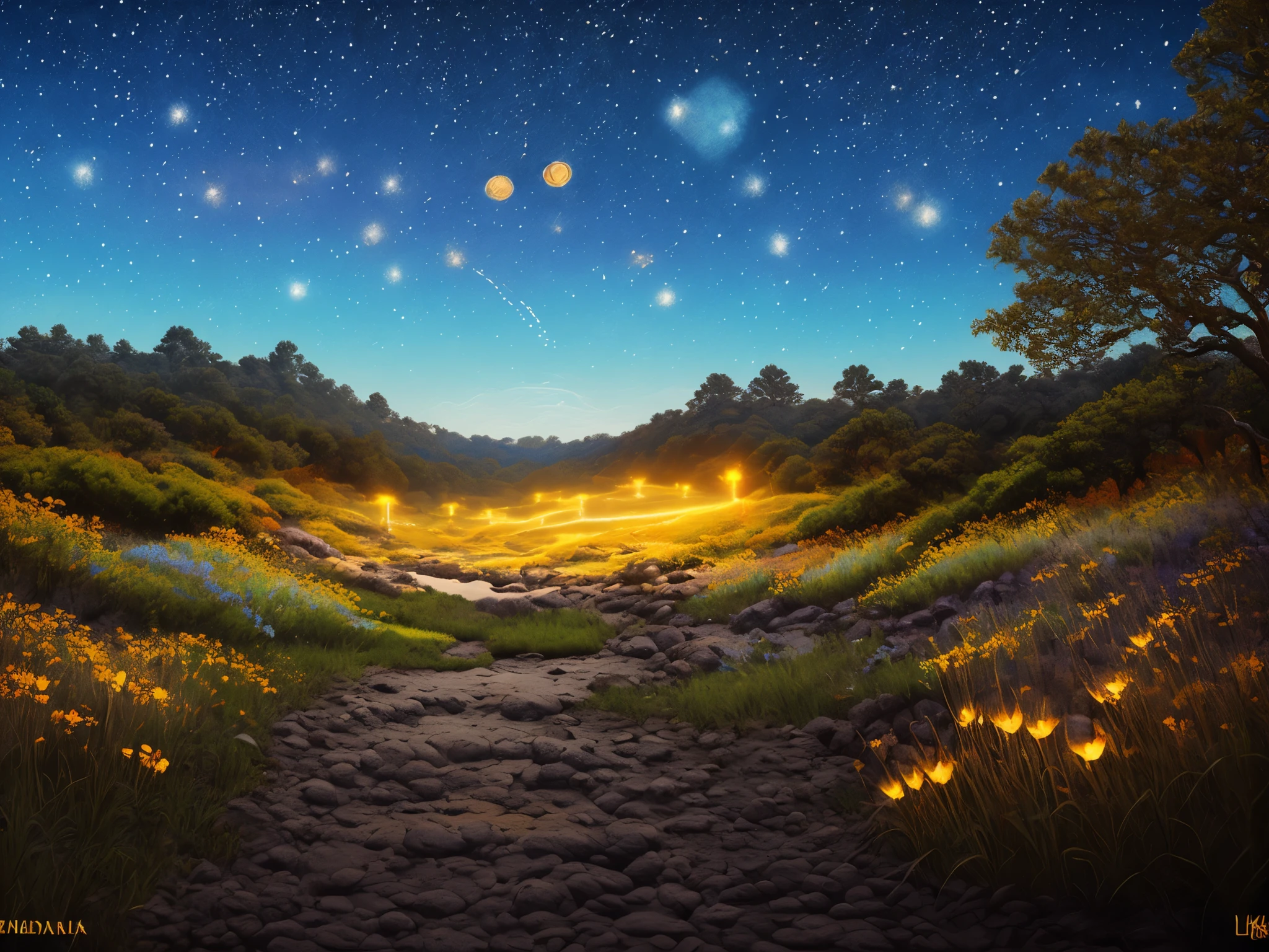 plano general: 1.3, obra maestra, ((hombre hermoso, muy detallado y hermoso,: 1.5)), ((hermoso bosque frondoso, firefly throughout the forest illuminating the starry night sky with its light: 1.5)),( ( lleno de estrellas y galaxias: 1.5)), arte digital muy hermoso, arte digital. very detailed and very detailed magical fantasy, colorfull digital fantasy art, arte digital muy detallada, beautiful and gorgeous digital art, pintura digital muy detallada, 32k