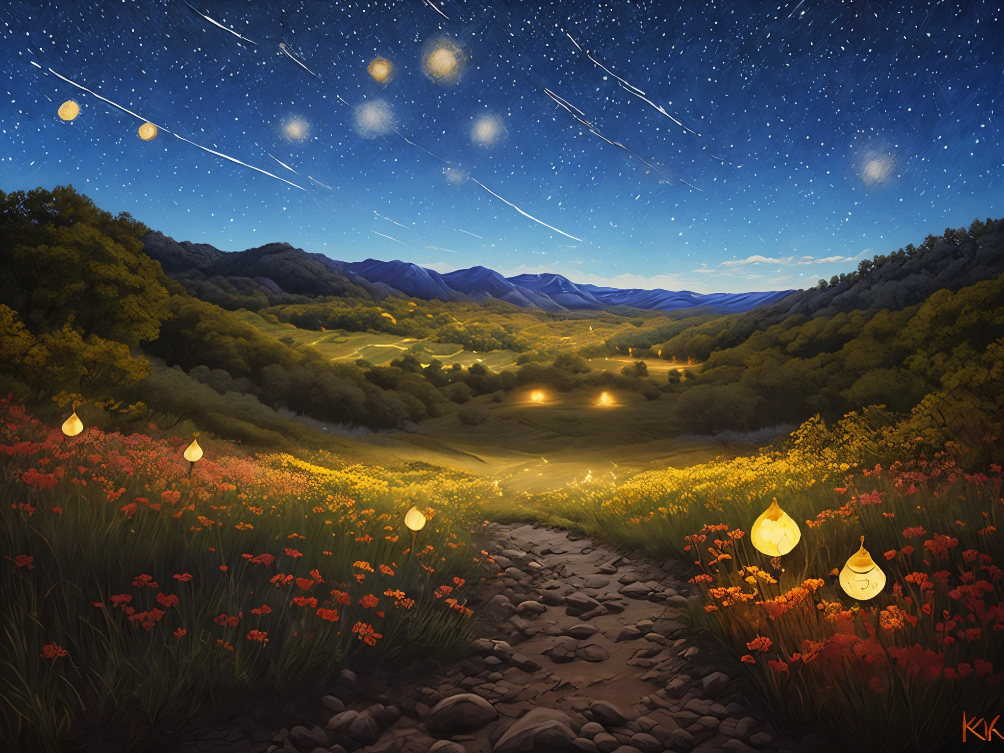 plano general: 1.3, obra maestra, ((hombre hermoso, muy detallado y hermoso,: 1.5)), ((hermoso bosque frondoso, firefly throughout the forest illuminating the starry night sky with its light: 1.5)),( ( lleno de estrellas y galaxias: 1.5)), arte digital muy hermoso, arte digital. very detailed and very detailed magical fantasy, colorfull digital fantasy art, arte digital muy detallada, beautiful and gorgeous digital art, pintura digital muy detallada, 32k