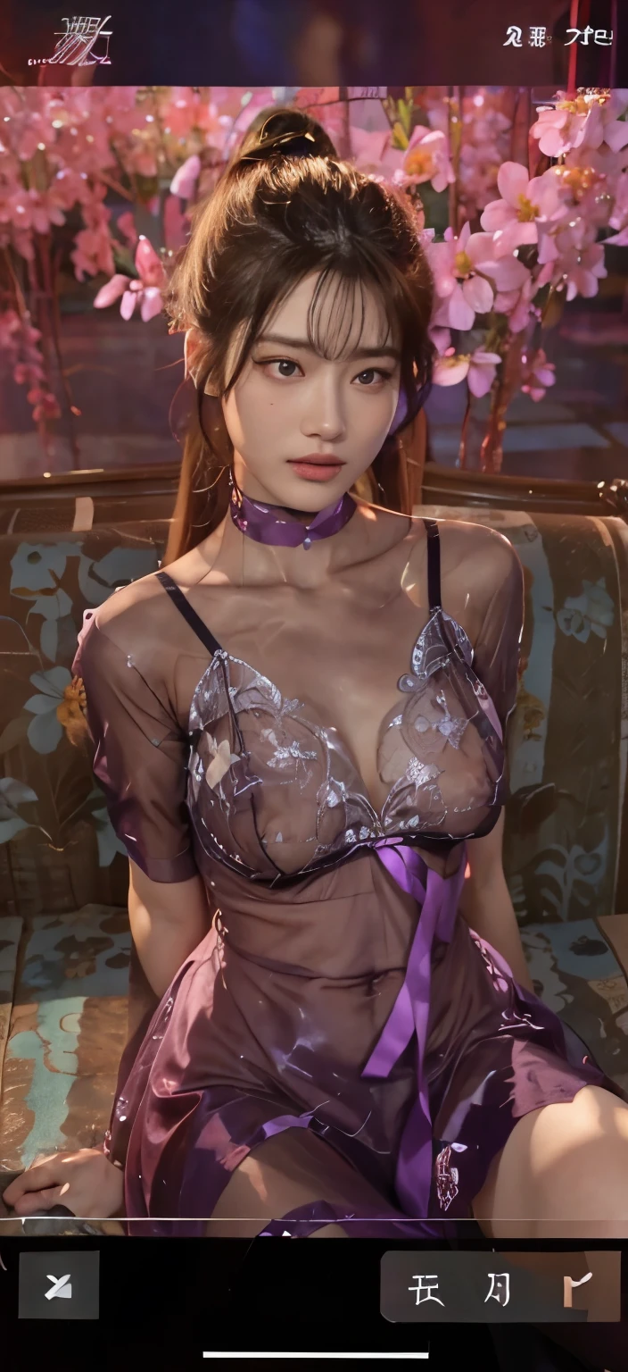 top quality, masterpiece, ultra high resolution, (lifelike: 1.4), original photo, a girl on a sofa, Glowing skin, (Super realistic details)), portrait, global illumination, shadow, 8k, Super sharp, big deal, Cleavage exposed bare skin, intricate decorative details,very intricate details, realistic light, lifelike, purple eyes, glowing eyes, face camera, Neon details, sitting, Neon Genesis Evangelion, 超极lifelike，Hebei picks flowers