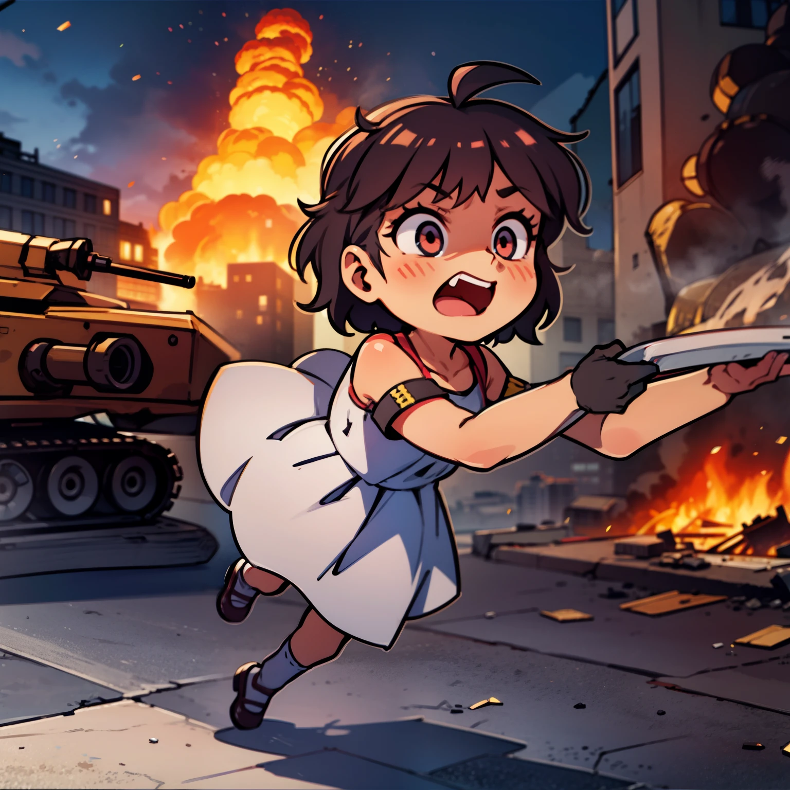 A tank directs its artillery towards a young girl, a frightening scene, destroyed buildings