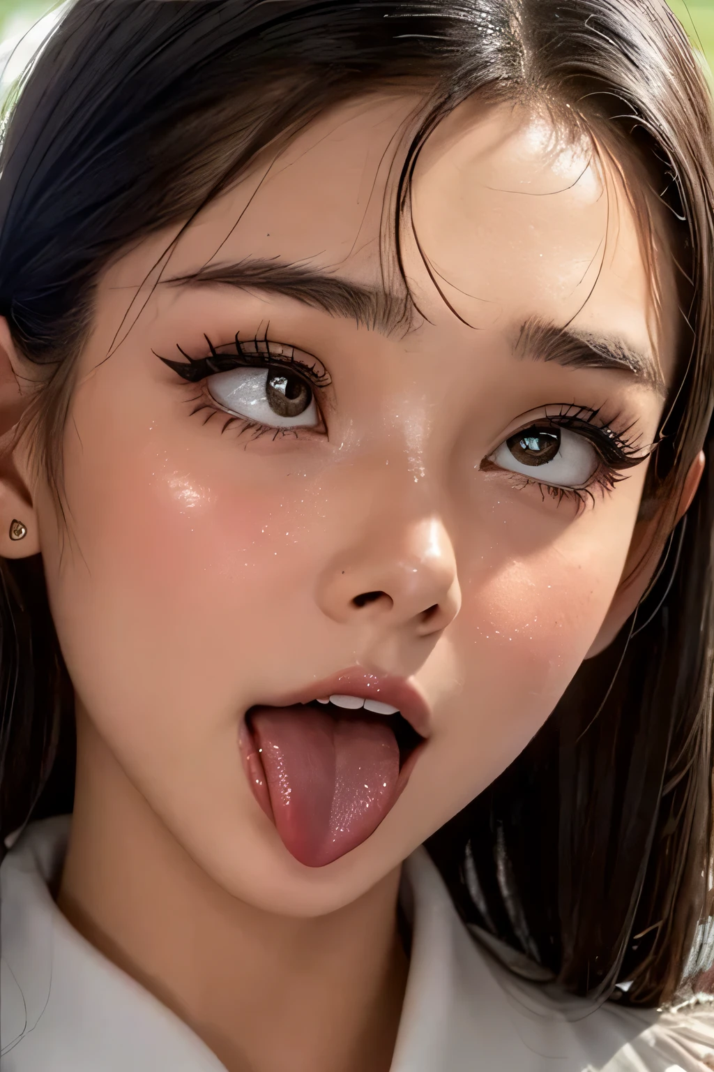 Audrey Hepburn、1 girl,debris flies,,award winning photos, very detailed, focus the eyes clearly, nose and mouth,face focus, super close up of face、woman with open mouth and closed eyes,20-year-old,black hair、symmetrical face,realistic nostrils、angle from below、elongated C-shaped nostrils,,sweaty and shiny skin、汗でglowing skinを強調する照明、((sharp nose))汗でglowing skin、shiny skin、sweaty hair、semi-backlit lighting、(wrinkles between eyebrows))(cum on tongue)、deep kiss、((thin eyebrows))oily skin、glowing skin、double eyelid、wet and shiny tongue、Beautiful face woman with wet tongue full of foam、Beautiful woman、medium hair,roll your eyes、shortcut、Harajuku street、blouse,upper body only,Head rises,