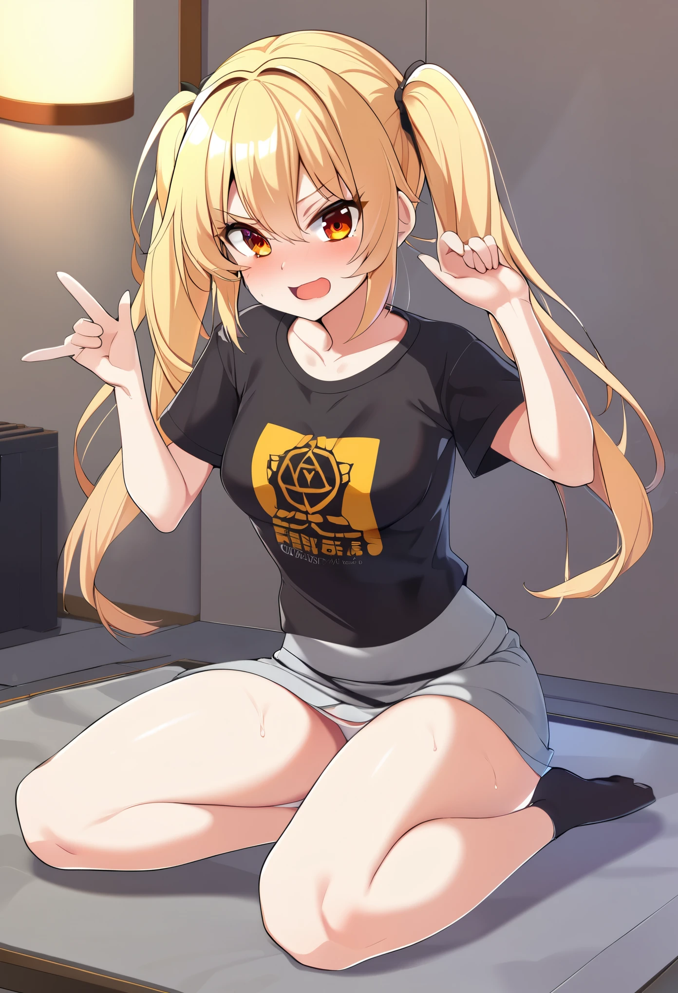 1girl, tsundere, blonde hair, twintails, victory pose, lotus position, small t-shirt, very small Miniskirt,