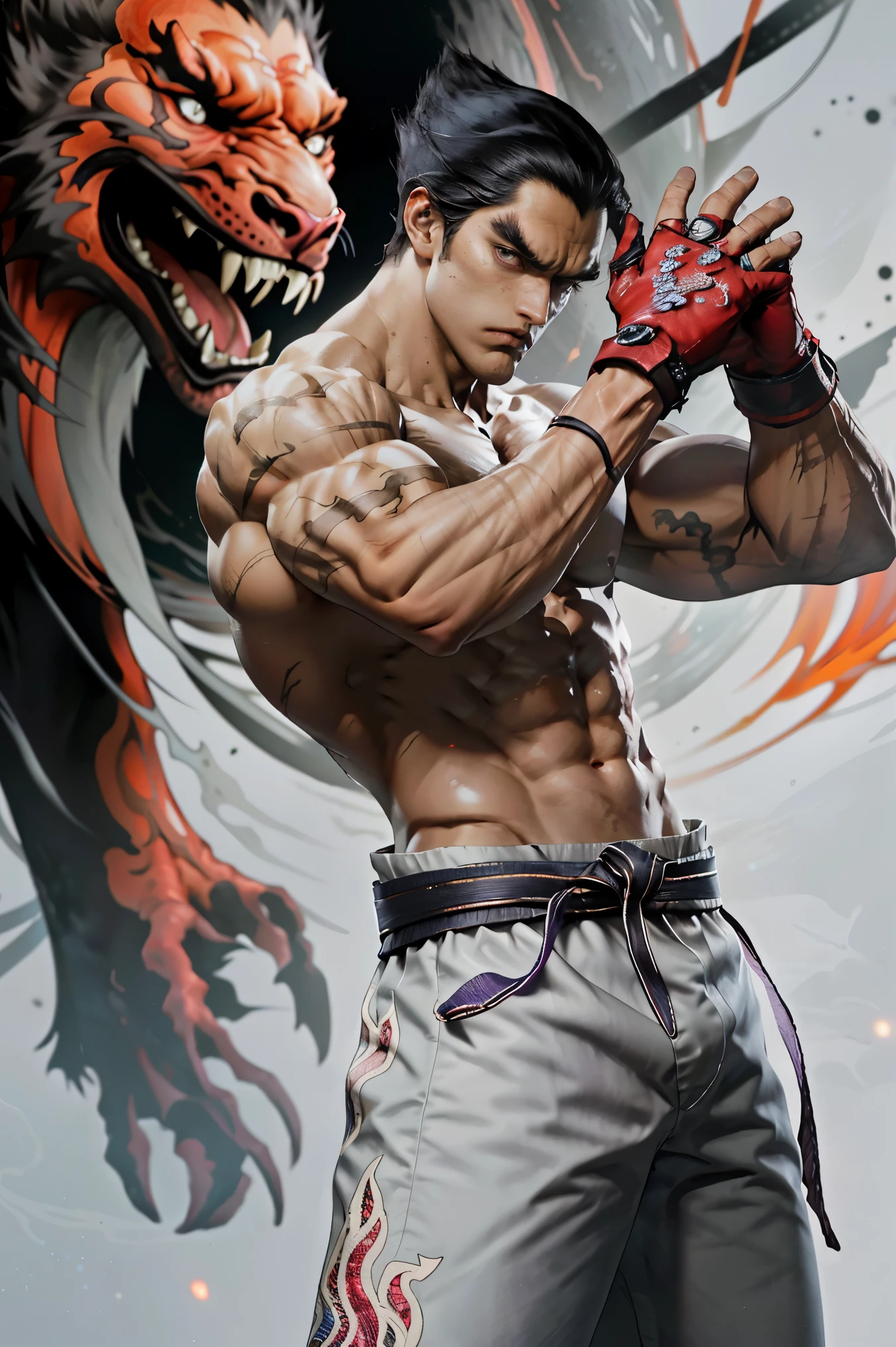 Anime boy with eight pack with dragon tattoo