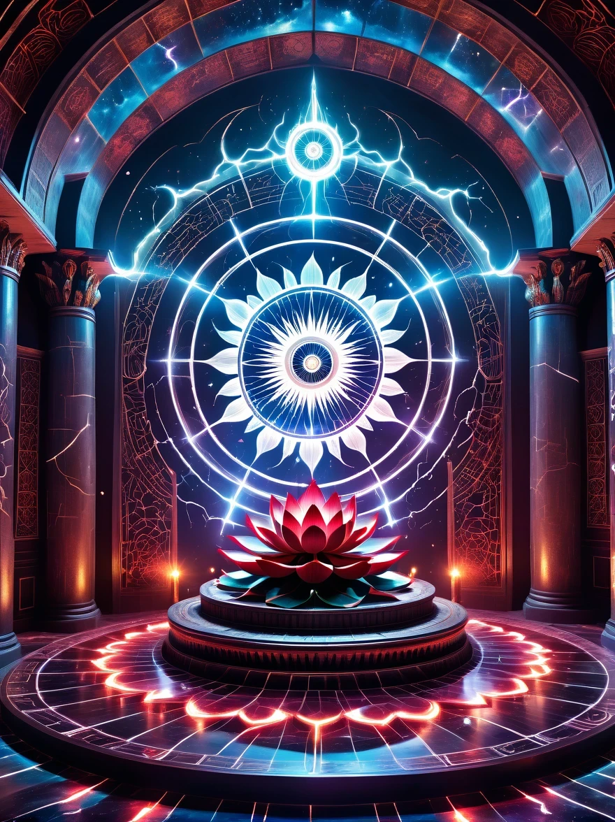 Demon World Hall，Lotus altar，blood spread，strange geometric patterns，blood spatter，Pure cosmic energy transparent magic circle，Formation built with magical energy，The Wheel of Time and Space，aureola，electric wheel，Magically drawn polygons，Epic magic fantasy，Epic surrealism，Epic Thunder Magic，Epic ancient totem，Epic Mystical Magic Light，Epic dark magic，epic gothic style