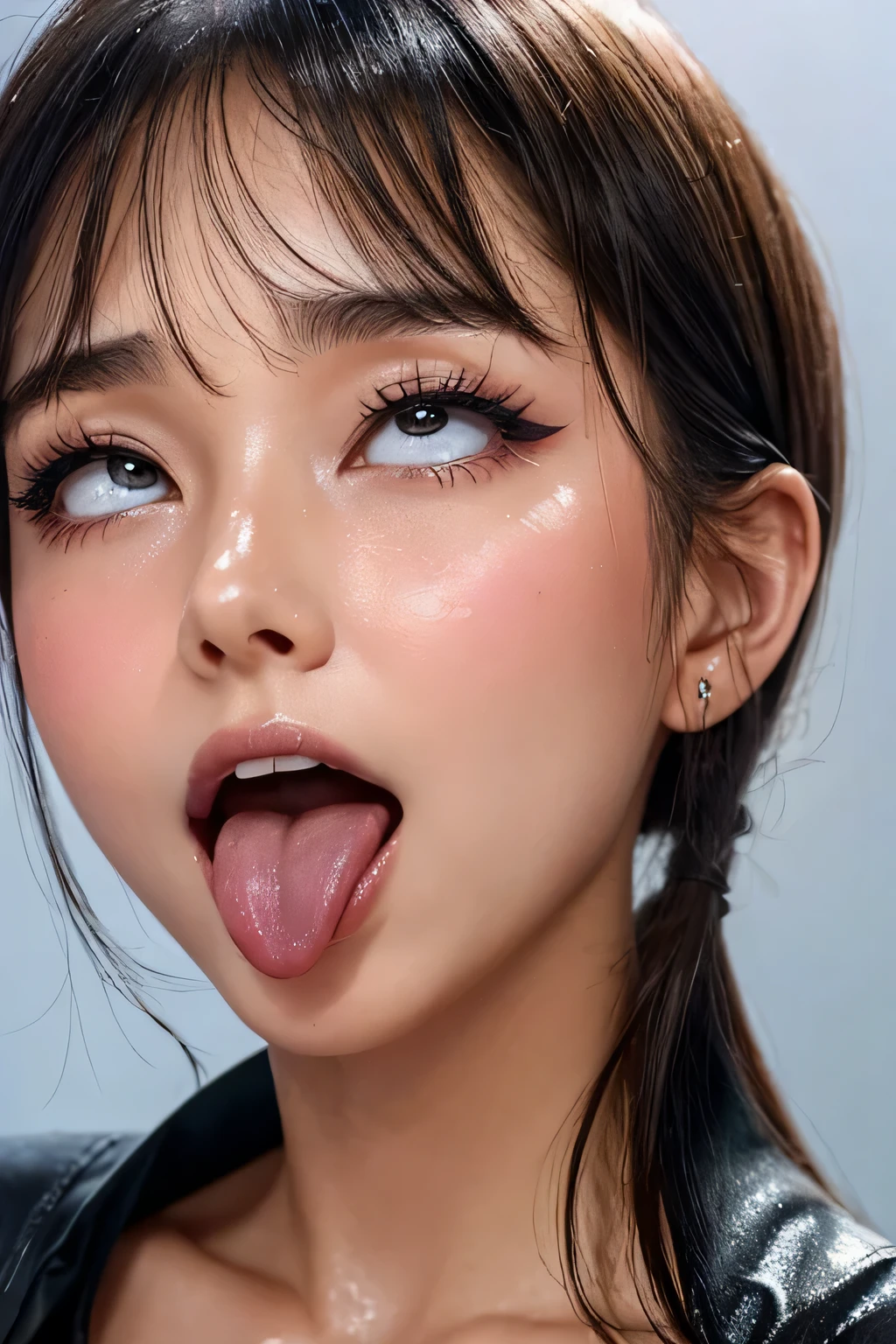 Audrey Hepburn、1 girl,debris flies,,award winning photos, very detailed, focus the eyes clearly, nose and mouth,face focus, super close up of face、woman with open mouth and closed eyes,20-year-old,black hair、symmetrical face,realistic nostrils、angle from below、elongated C-shaped nostrils,,sweaty and shiny skin、汗でglowing skinを強調する照明、((sharp nose))汗でglowing skin、shiny skin、sweaty hair、semi-backlit lighting、(wrinkles between eyebrows))(cum on tongue)、deep kiss、((thin eyebrows))oily skin、glowing skin、double eyelid、wet and shiny tongue、Beautiful face woman with wet tongue full of foam、Beautiful woman、medium hair,roll your eyes、shortcut、Harajuku street、blouse,upper body only,Head rises,
