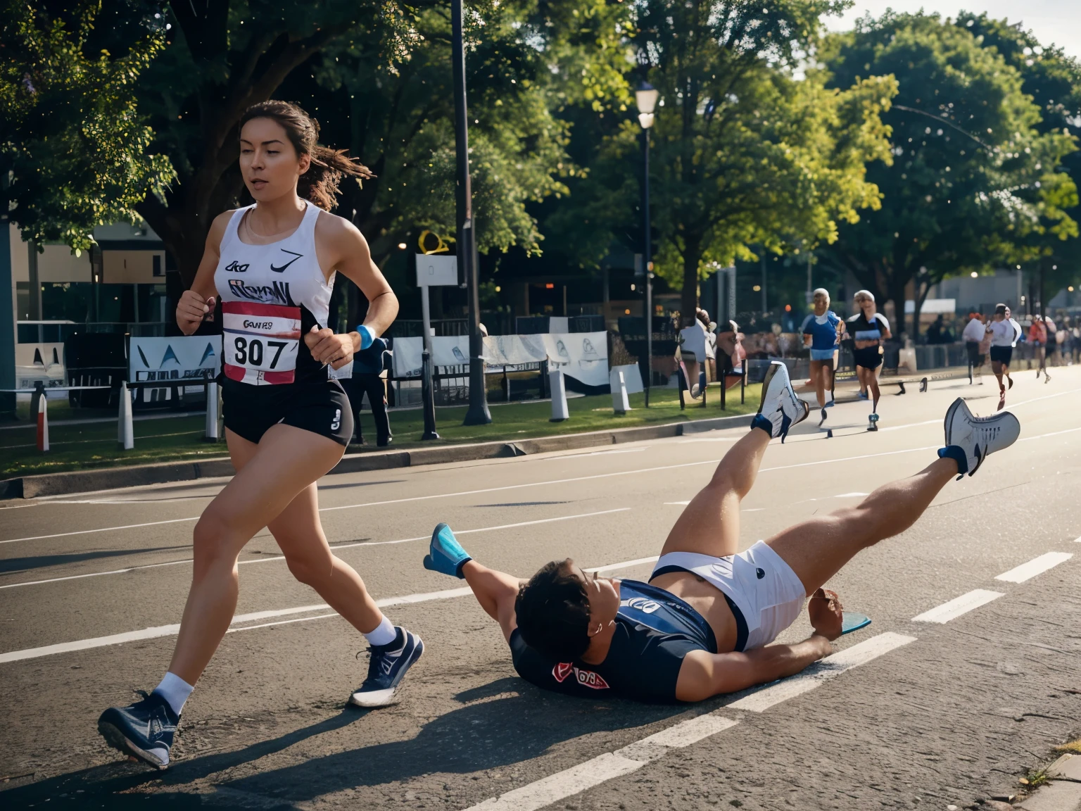 create an image with a person running a marathon helping a person get up from the ground

