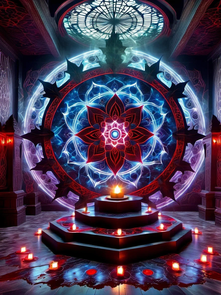 Demon World Hall,Lotus altar,blood spread,strange geometric patterns,blood spatter,Pure cosmic energy transparent magic circle,Formation built with magical energy,The Wheel of Time and Space,aureola,electric wheel,Magically drawn polygons,Epic magic fantasy,Epic surrealism,Epic Thunder Magic,Epic ancient totem,Epic Mystical Magic Light,Epic dark magic,epic gothic style
