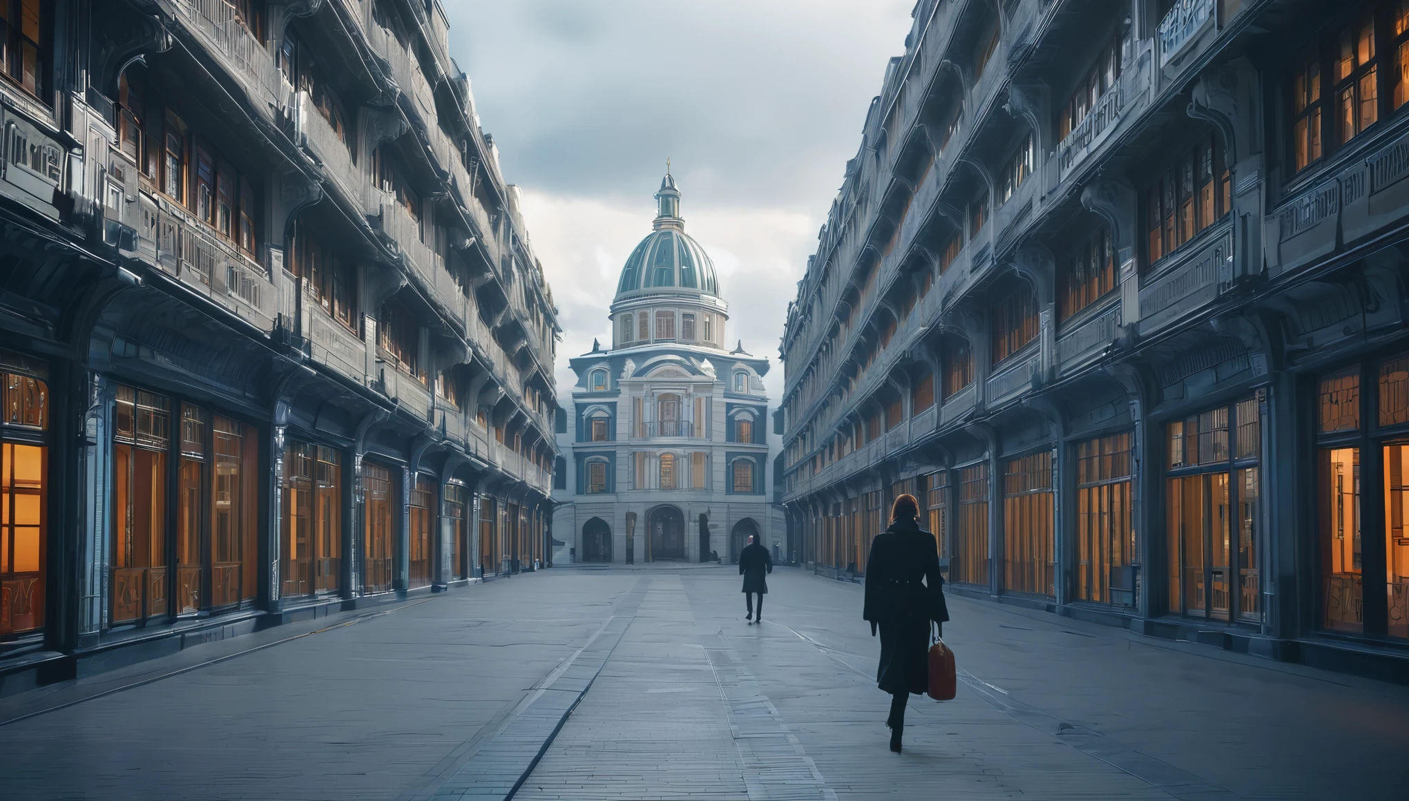 street with buildings of the same design on its sides and in the background with many windows, some open and others closed in some, the interior lighting allows you to guess the interior life And a lonely person walking
