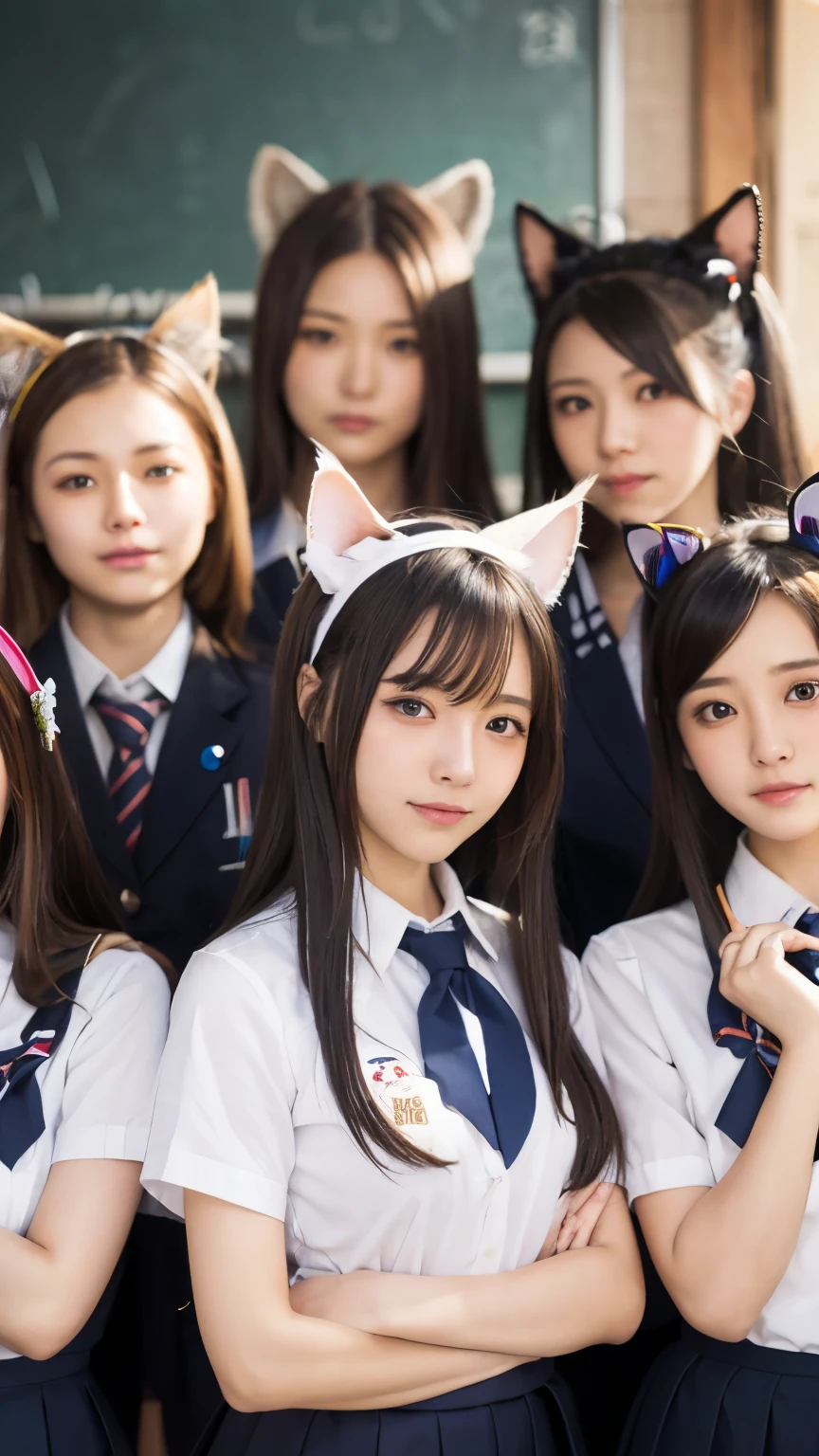 Masterpiece, 4K, Beautiful high school girls, (Japanese idle:1.6), (Cat ears), looking at the viewer,  bob hair , (school uniform:1.2), (group picture:1.4), harem, classroom,
