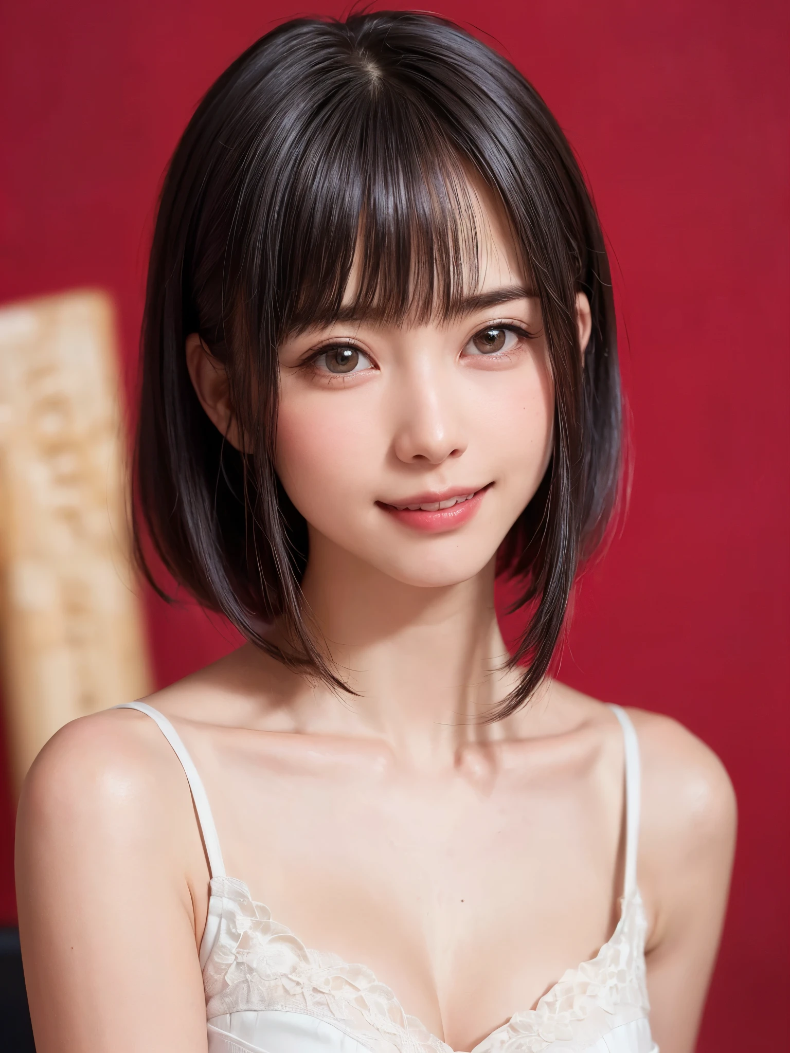 (table top, highest quality、ultra high resolution、face focus focus、focus on the sides、navel focus、decolletage focus、very attractive beauty、Adds intense highlights to the eyes、look closely at the camera:1.4、Absolutely beautiful bangs:1.4、Brunette short bob hair with bangs:1.4),1 girl, Report, black haired, realistic, looking at the viewer, pale black eyes, short hair, lips, lip gloss, Upper body、Big eyes、eyelash)、((italian natural background、hyper real stick:1.4))、((short hair with bangs:1.4、Beautiful bangs with 46 points:1.4、{Huge|big|Hugeな|mega} chest:2, cleavage:2、Big eyes、Give students very powerful highlights、very bigger chest、look at the audience、very beautiful beauty、show me your ears、beautiful long neck、beautiful decollete、smile、A smilee　beautiful teeth、Open your mouth and smilee))、28 years old、very cute super model、perfect anatomy