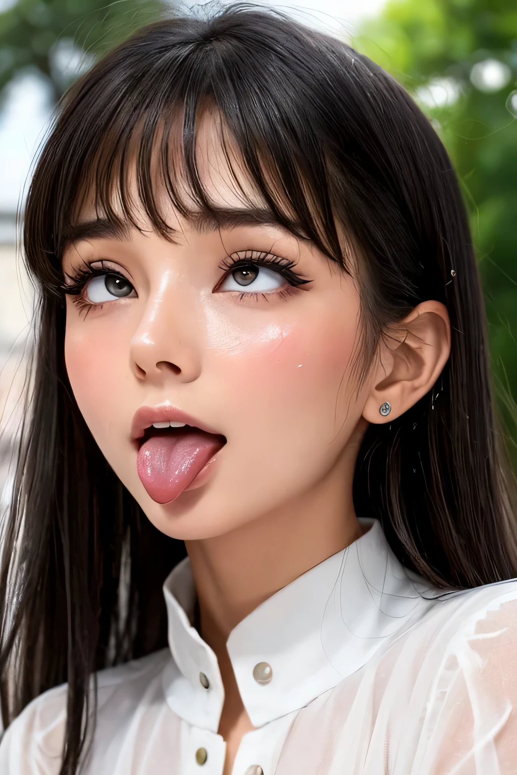 Audrey Hepburn、1 girl,debris flies,,award winning photos, very detailed, focus the eyes clearly, nose and mouth,face focus, super close up of face、woman with open mouth and closed eyes,20-year-old,black hair、symmetrical face,realistic nostrils、angle from below、elongated C-shaped nostrils,,sweaty and shiny skin、汗でglowing skinを強調する照明、((sharp nose))汗でglowing skin、shiny skin、sweaty hair、semi-backlit lighting、(wrinkles between eyebrows))(cum on tongue)、deep kiss、((thin eyebrows))oily skin、glowing skin、double eyelid、wet and shiny tongue、Beautiful face woman with wet tongue full of foam、Beautiful woman、medium hair,roll your eyes、shortcut、Harajuku street、blouse,upper body only,Head rises,