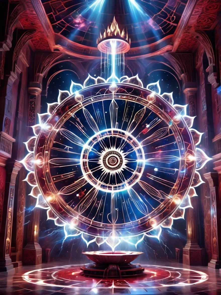 Demon World Hall，Lotus altar，blood spread，strange geometric patterns，blood spatter，Pure cosmic energy transparent magic circle，Formation built with magical energy，The Wheel of Time and Space，aureola，electric wheel，Magically drawn polygons，Epic magic fantasy，Epic surrealism，Epic Thunder Magic，Epic ancient totem，Epic Mystical Magic Light，Epic dark magic，epic gothic style