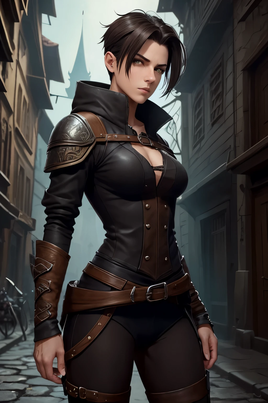 A cool young woman with an undercut in a fantasy setting. A thief and a rogue. Very androgynous looking. Cool. Confident. Tomboyish. Androgynous. Slim body. . Very small breasts. Wide hips. Thick legs. Face: Extremly pale skin with liverspots and freckles. Soft narrow face with a round chin. Soft small jaw. Big forehead. Very thin barely visible eyebrows. Upturned big dark-brown eyes. Dark-brown eyecolour. Very long and wide nose. Big curved lips. Very short dark-brown hair. A boyish short haircut. Undercut. Sides shaved. A tight fantasy outfit of a rogue and a thief. Background: A big fantasy medieval city. Dark Allies. Suspicious atmosphere.