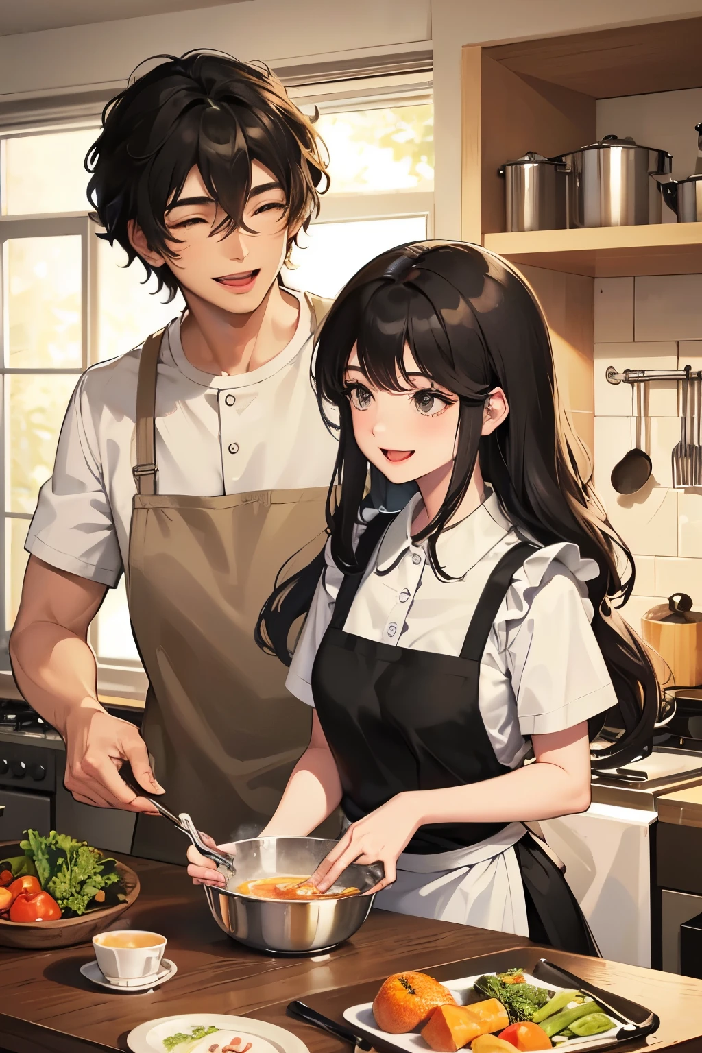 A chica and a chico, both with black curly hair, joyfully cook in the kitchen. Their faces radiate happiness as they share a playful moment while preparing a meal. The warm ambiance of the room accentuates their cheerful expressions, making for a captivating visual treat. (Best quality, ultra-detailed, two people, cooking, laughing, black hair)
The scene unfolds with the chica wearing an apron, her hands holding a wooden spoon, stirring a pot with a smile that illuminates her face. Her black curly hair cascades down her back, bouncing slightly as she moves. The chico stands beside her, chopping vegetables with a