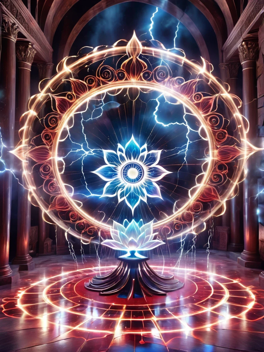 Demon World Hall,Lotus altar,blood spread,Weird round case,blood spatter,Pure cosmic energy transparent magic circle,Disc made of magical energy,The Wheel of Time and Space,aureola,electric wheel,Magically drawn polygons,Epic magic fantasy,Epic surrealism,Epic Thunder Magic,Epic ancient totem,Epic Mystical Magic Light,Epic dark magic,epic gothic style