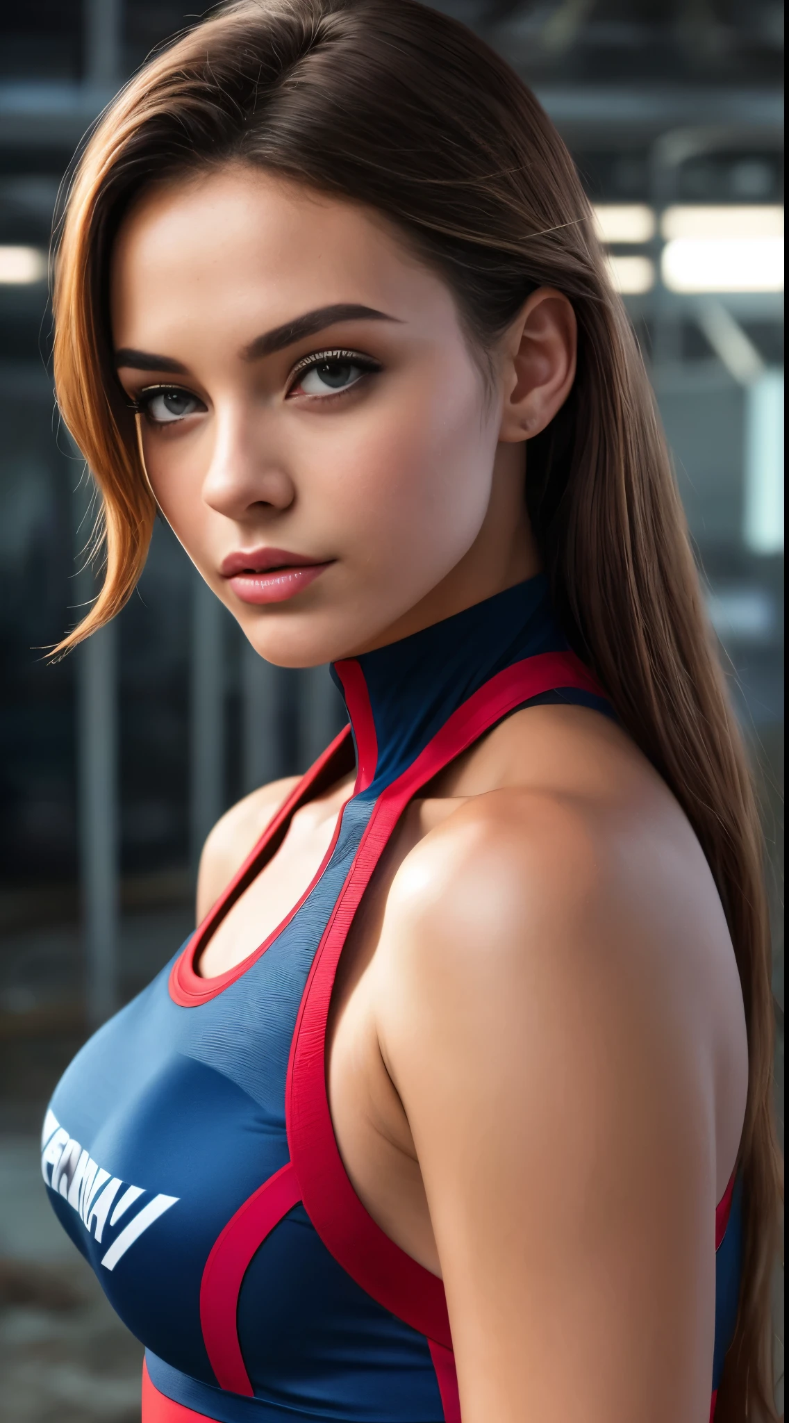 (1 girl: 1.3), arte oficial, fondo de pantalla unificado de 8k, superdetallado, Beautiful and Aesthetic, hermoso, obra maestra, mejor calidad, crudo, obra maestra, foto superfina, mejor calidad, superhighresolution, realismo fotorrealista, luz solar, retrato de cuerpo completo, Amazing beauty, dynamic pose, cara delicada, ojos vibrantes, (desde el frente), wears a futuristic Captain America T-shirt, esquema de color azul, (sosteniendo solo un escudo), A capital letter "A" on the chest, Very detailed abandoned warehouse background, cara detallada, fondo ocupado complejo detallado, desordenado, hermoso, piel muy detallada, detalles realistas de la piel, sharp focus, volumetric mist, 8k uhd, dslr camera, alta calidad, movie grain, piel clara, fotorrealismo, lomography, Great metropolis in the future dystopia.