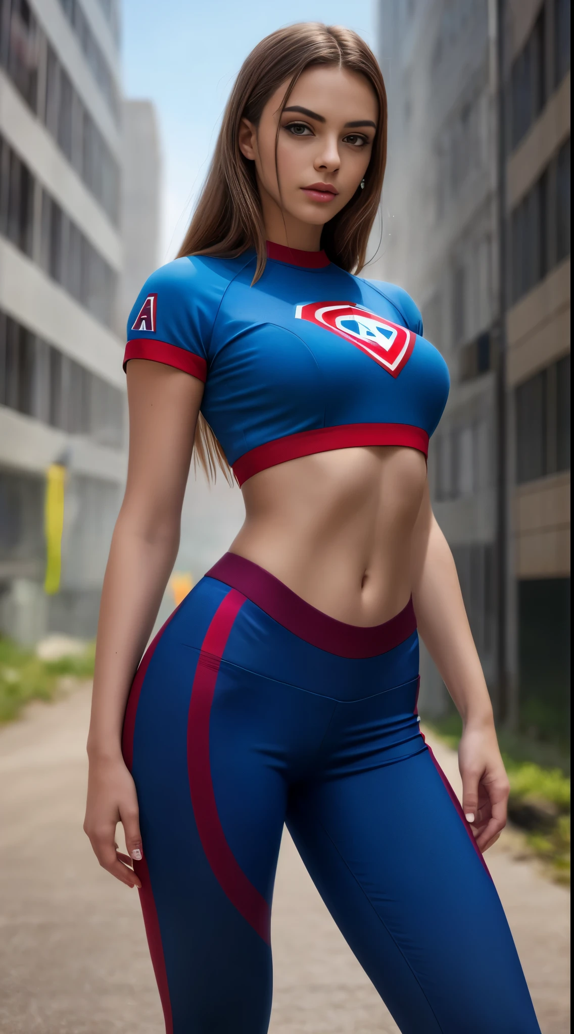 (1 girl: 1.3), arte oficial, fondo de pantalla unificado de 8k, superdetallado, Beautiful and Aesthetic, hermoso, obra maestra, mejor calidad, crudo, obra maestra, foto superfina, mejor calidad, superhighresolution, realismo fotorrealista, luz solar, retrato de cuerpo completo, Amazing beauty, dynamic  pose, cara delicada, ojos vibrantes, (desde el frente), wears a futuristic Captain America T-shirt, esquema de color azul, (sosteniendo solo un escudo), A capital letter "A" on the chest, Very detailed abandoned warehouse background, cara detallada, fondo ocupado complejo detallado, desordenado, hermoso, piel muy detallada, detalles realistas de la piel, sharp focus, volumetric mist, 8k uhd, dslr camera, alta calidad, movie grain, piel clara, fotorrealismo, lomography, Great metropolis in the future dystopia.