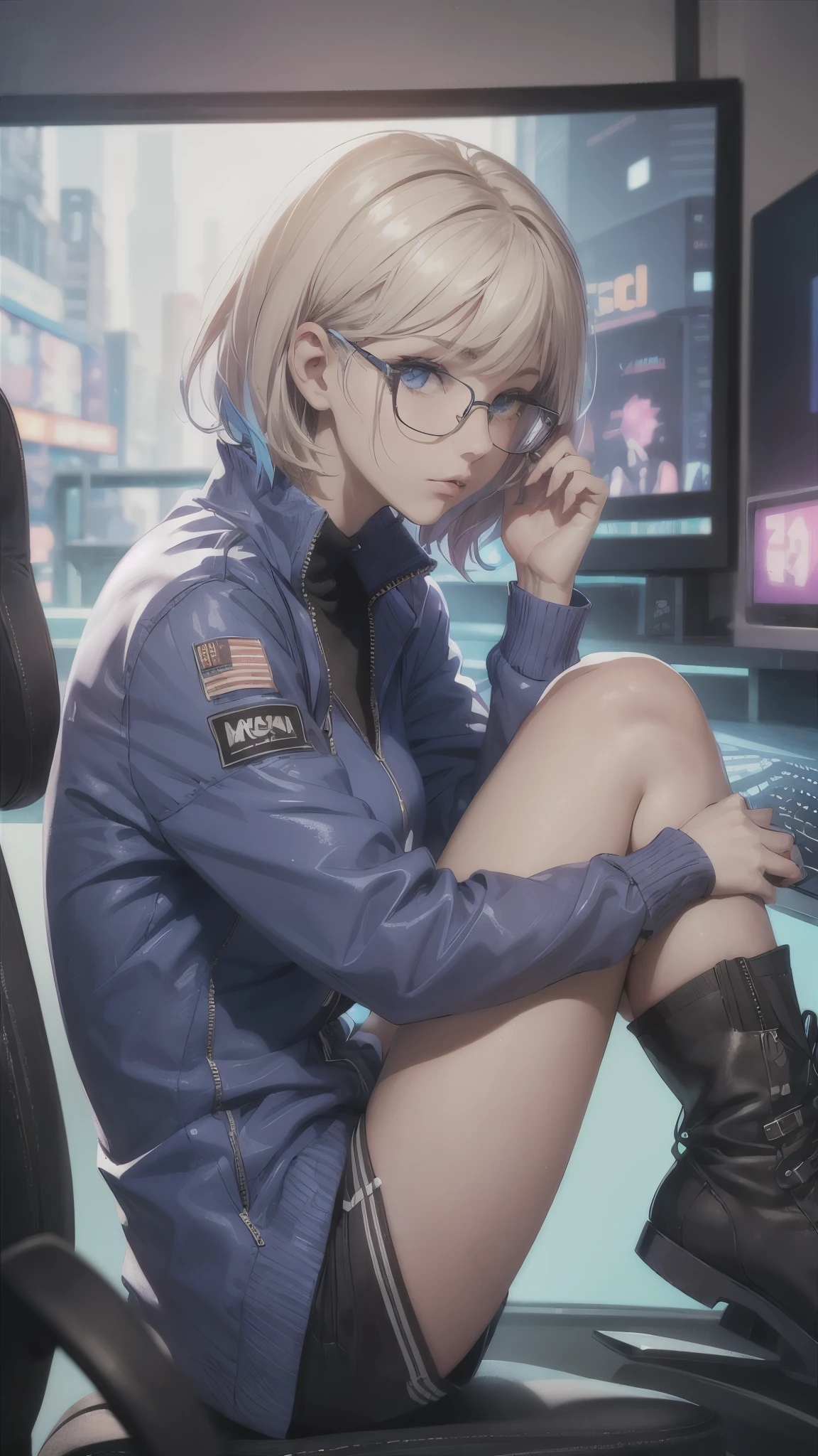 (best quality,4k,8k,highres,masterpiece:1.2),ultra-detailed,(realistic,photorealistic,photo-realistic:1.37),HDR,UHD,studio lighting,ultra-fine painting,sharp focus,physically-based rendering,extreme detail description,professional,vivid colors,bokeh, portraits
Inside the room, gaming room, gaming pc, one 18-aged girl, blonde short hair colored mixed blue hair, she looks pc monitor,playing the pc game,sitting on the chair, hugging her legs,wearing glasses,angry,she’s concentrating the game,,natural-make-up,cyberpunk fashion, hoodle, shorts, ((race-up-long-boots)),vivid colors, studio lighting, ultra-detailed portraits.